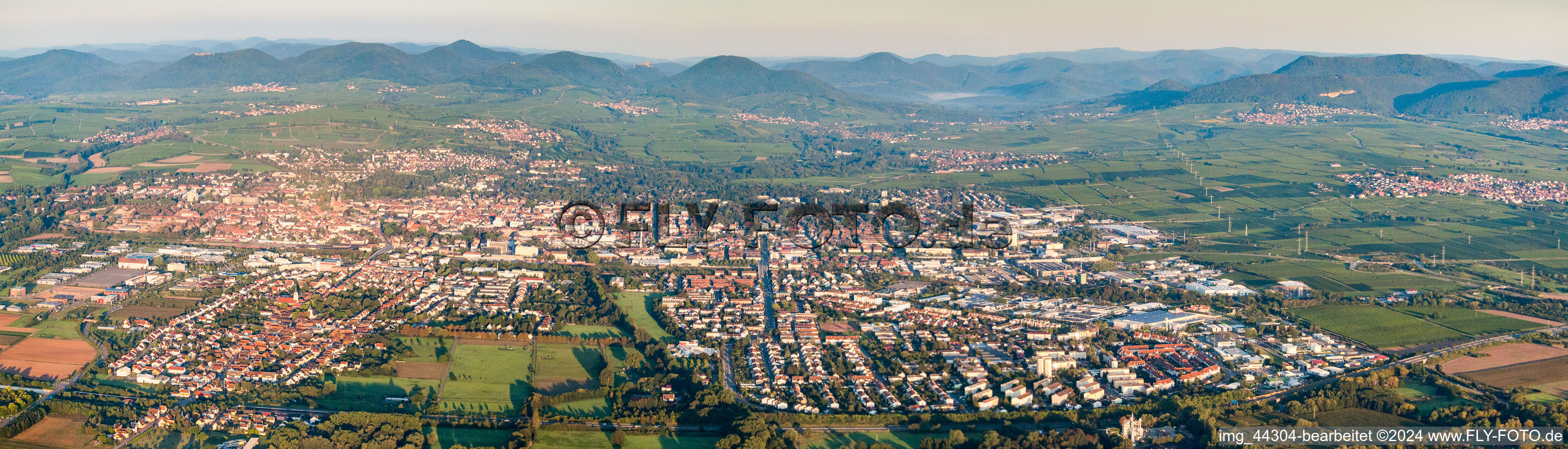Luftaufnahme von Panorama Perspektive Stadtgebiet mit Außenbezirken und Innenstadtbereich in Landau in der Pfalz im Ortsteil Queichheim im Bundesland Rheinland-Pfalz, Deutschland