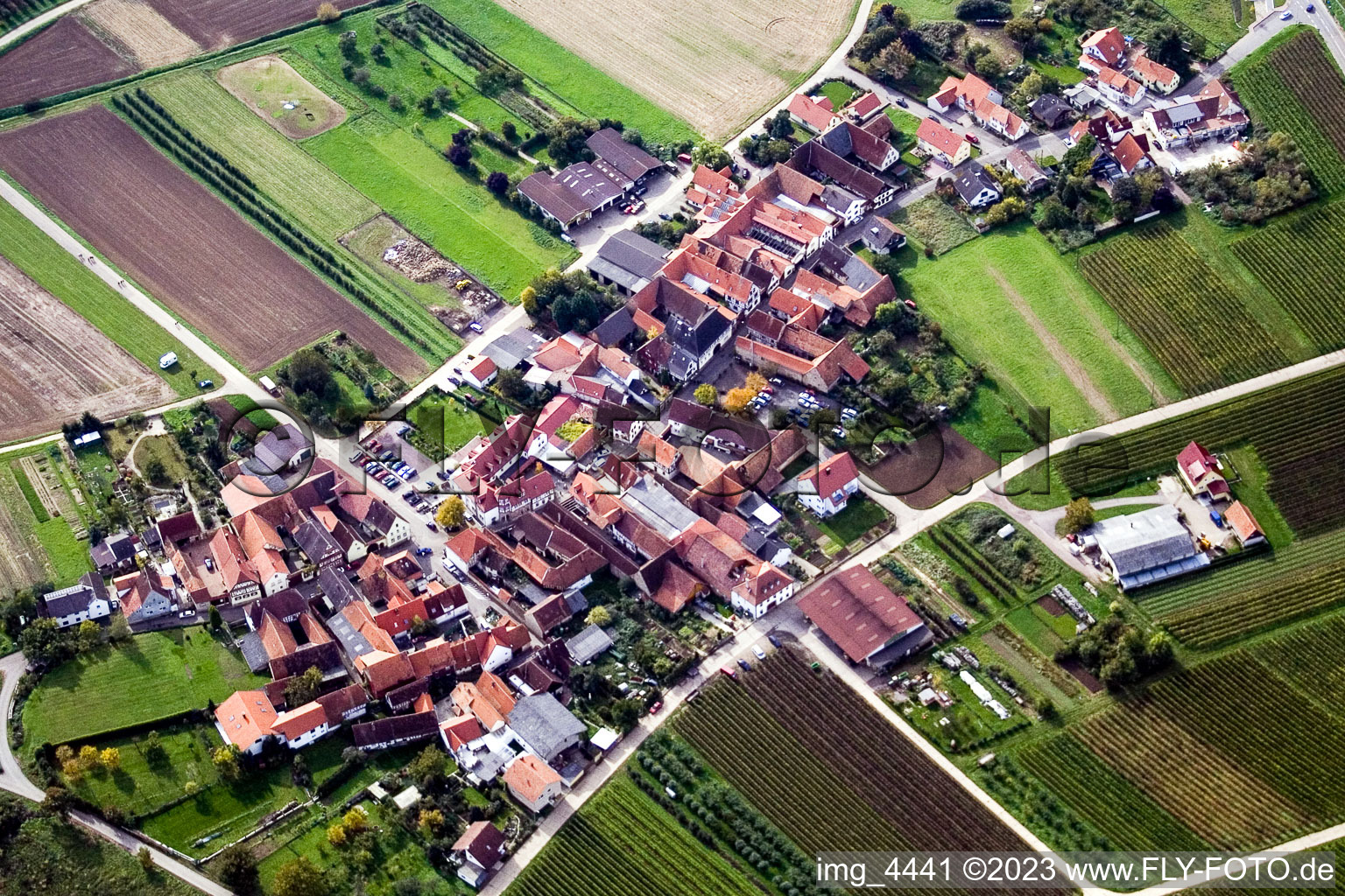 Ortsteil Oberhofen in Pleisweiler-Oberhofen im Bundesland Rheinland-Pfalz, Deutschland aus der Drohnenperspektive