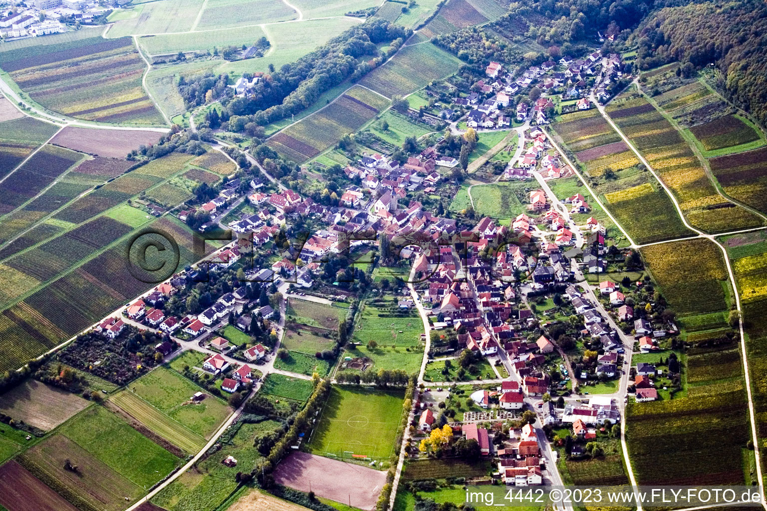 Pleisweiler-Oberhofen von Nordwesten im Ortsteil Gleishorbach in Gleiszellen-Gleishorbach im Bundesland Rheinland-Pfalz, Deutschland