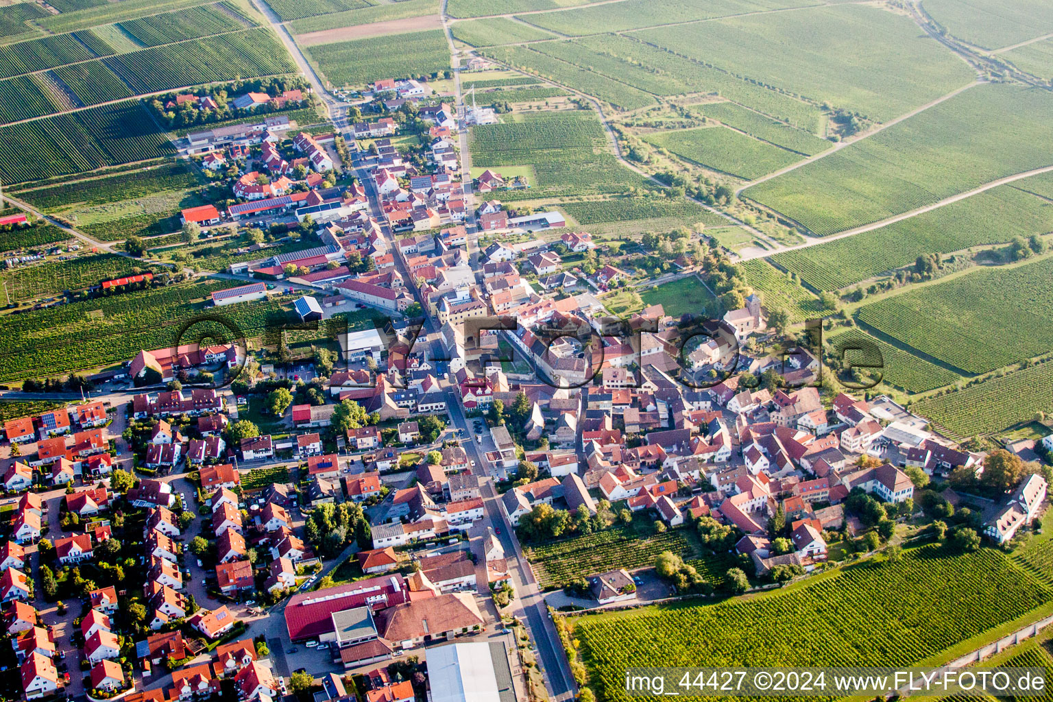 Luftbild von Dorf - Ansicht am Rande von Weinbergen in Herxheim am Berg im Bundesland Rheinland-Pfalz, Deutschland
