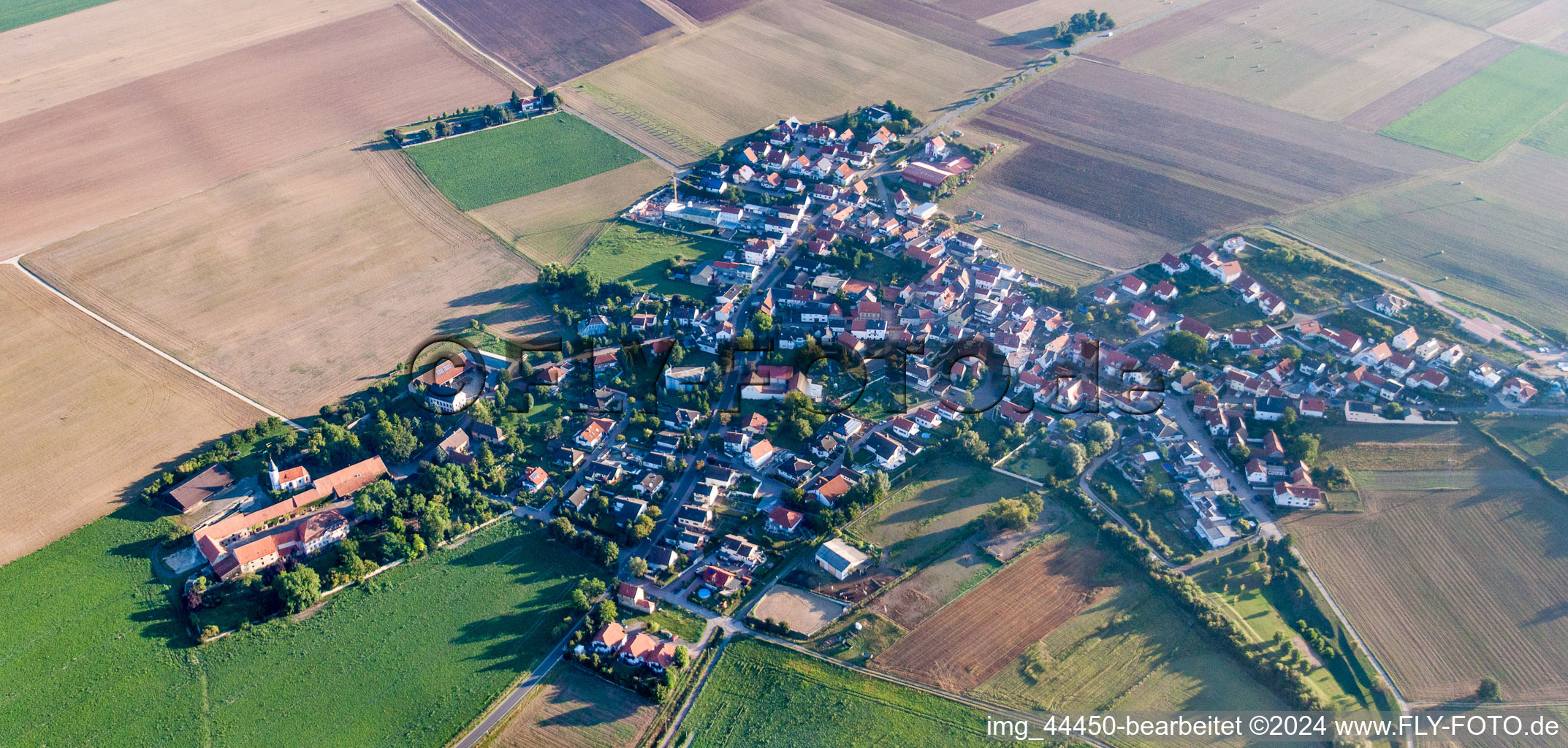 Dorf - Ansicht am Rande von landwirtschaftlichen Feldern und Nutzflächen in Quirnheim im Bundesland Rheinland-Pfalz, Deutschland
