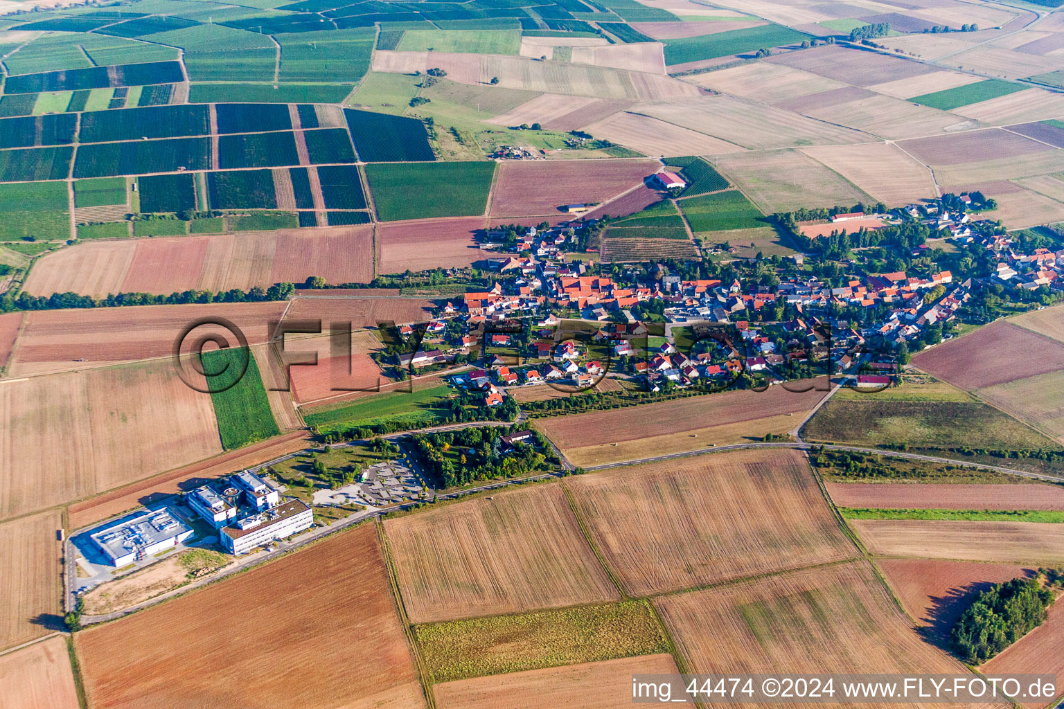 Dorf - Ansicht am Rande von landwirtschaftlichen Feldern und Nutzflächen in Wendelsheim im Bundesland Rheinland-Pfalz, Deutschland