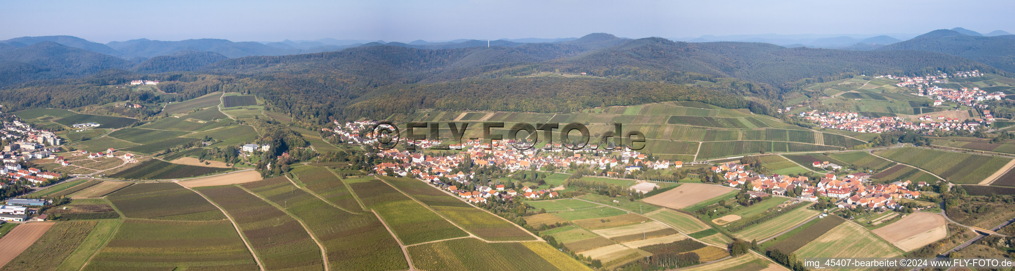 Panorama Perspektive der Wald- und Berglandschaft des Pfälzerwald / Haardtrand in Pleisweiler-Oberhofen im Bundesland Rheinland-Pfalz, Deutschland