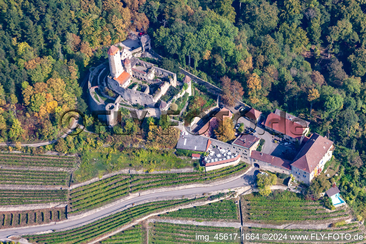 Luftaufnahme von Burg Hornberg bei Neckarzimmern im Bundesland Baden-Württemberg, Deutschland