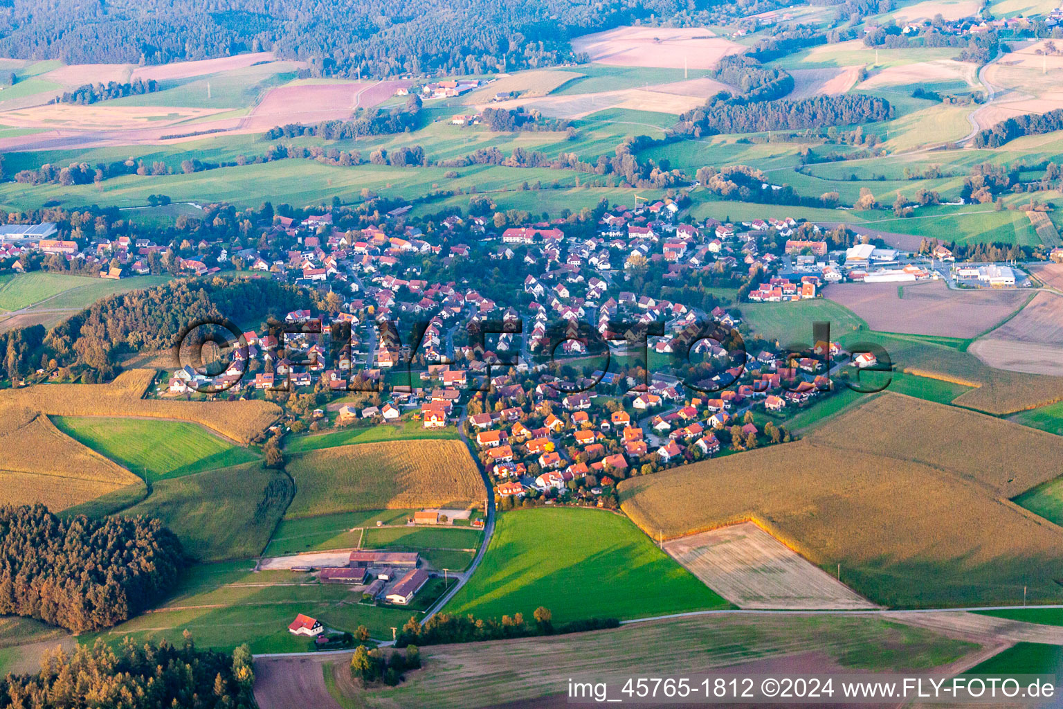 Dorf - Ansicht am Rande von landwirtschaftlichen Feldern und Nutzflächen in Heinersreuth in Bayreuth im Bundesland Bayern, Deutschland