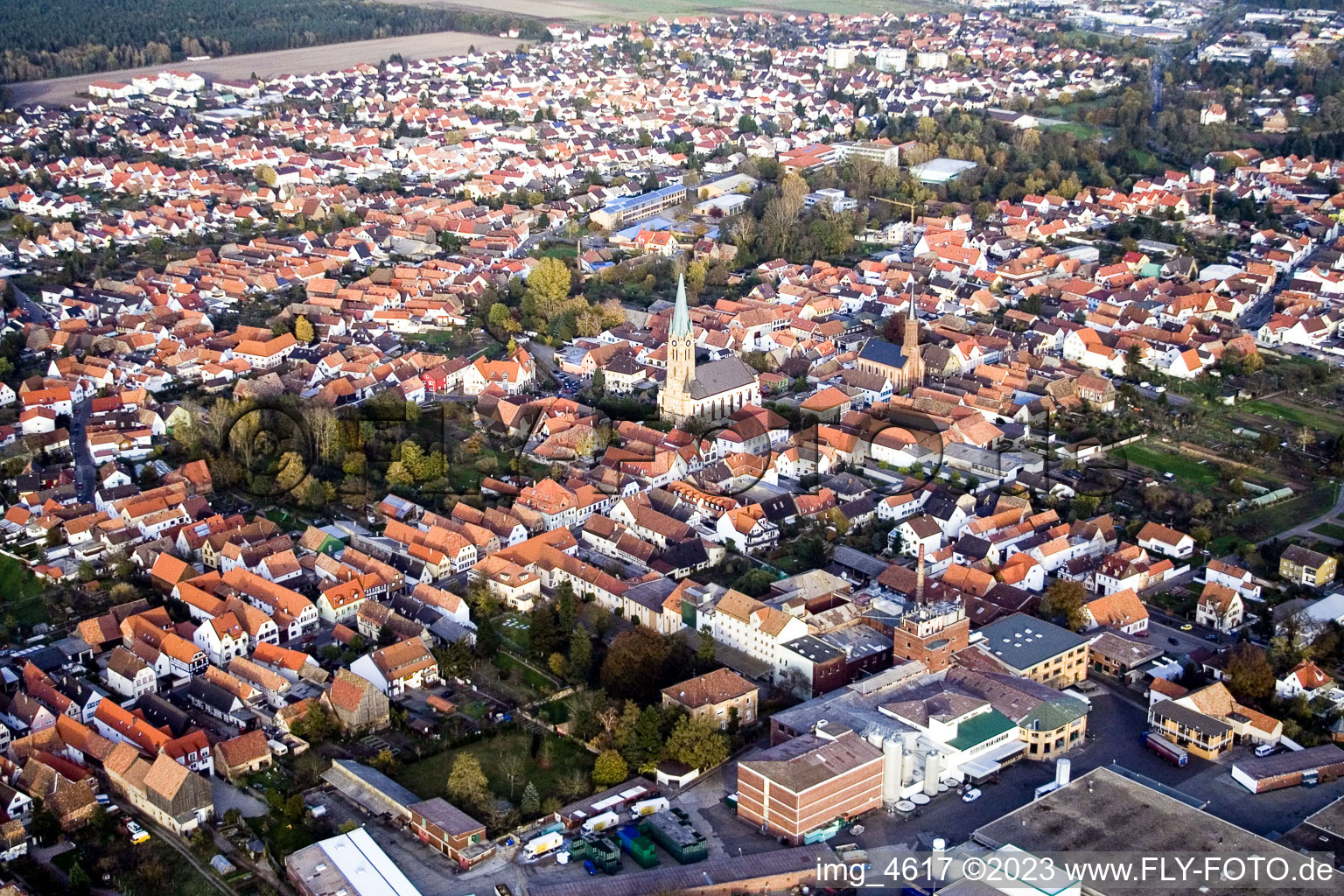 Schrägluftbild von Bellheim von Westen im Bundesland Rheinland-Pfalz, Deutschland