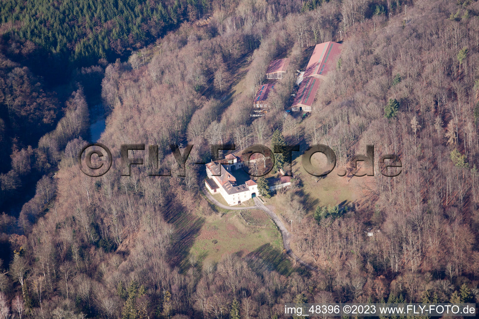 Luftaufnahme von Weiler, Chateau Langenberg im Bundesland Bas-Rhin, Frankreich