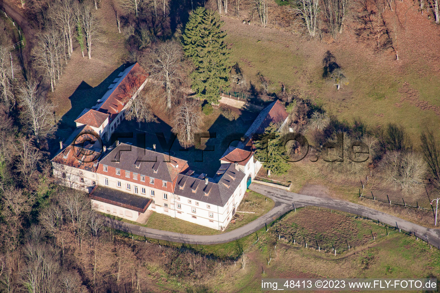 Weiler, Chateau Langenberg im Bundesland Bas-Rhin, Frankreich von oben
