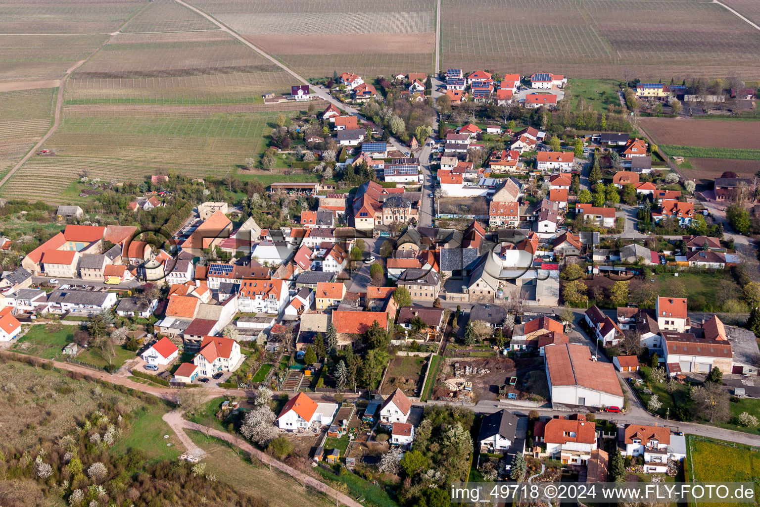 Dorf - Ansicht am Rande von landwirtschaftlichen Feldern und Nutzflächen in Schafhausen in Alzey im Bundesland Rheinland-Pfalz, Deutschland