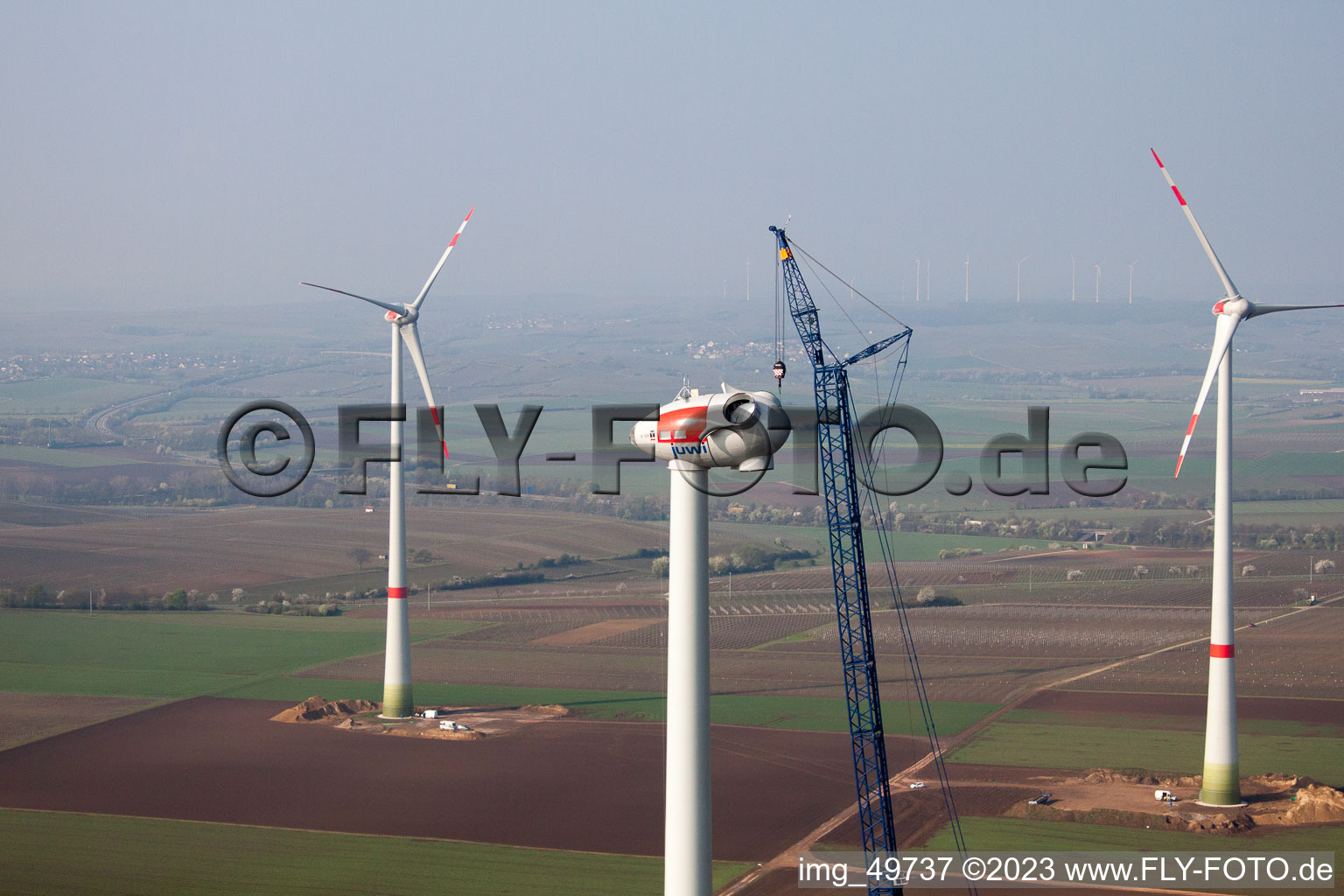 Gabsheim, Windkraftanlagenbaustelle im Bundesland Rheinland-Pfalz, Deutschland vom Flugzeug aus