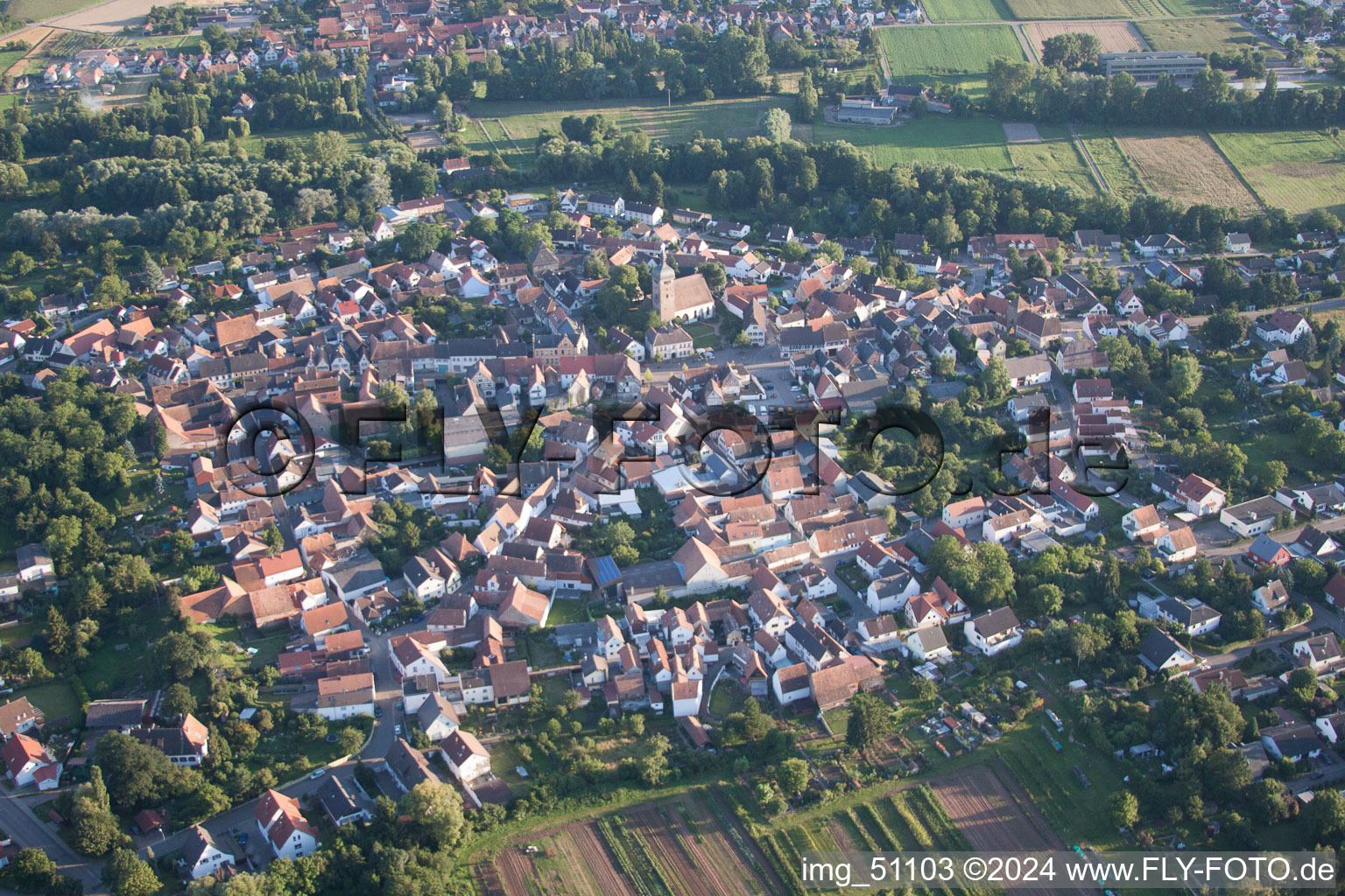 Luftbild von Ortsansicht der Straßen und Häuser der Wohngebiete im Ortsteil Billigheim in Billigheim-Ingenheim im Bundesland Rheinland-Pfalz, Deutschland