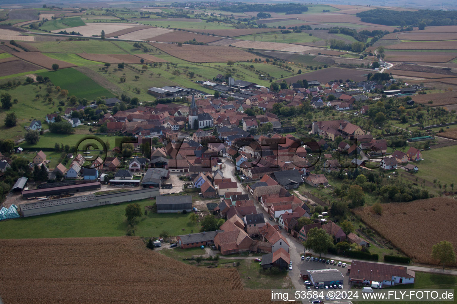 Dorf - Ansicht am Rande von landwirtschaftlichen Feldern und Nutzflächen in Ingenheim in Grand Est im Bundesland Bas-Rhin, Frankreich