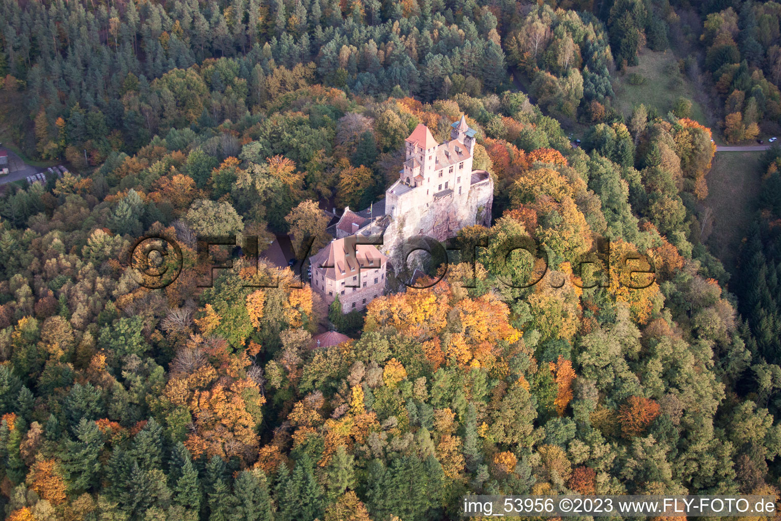 Burg Berwartstein in Erlenbach bei Dahn im Bundesland Rheinland-Pfalz, Deutschland vom Flugzeug aus