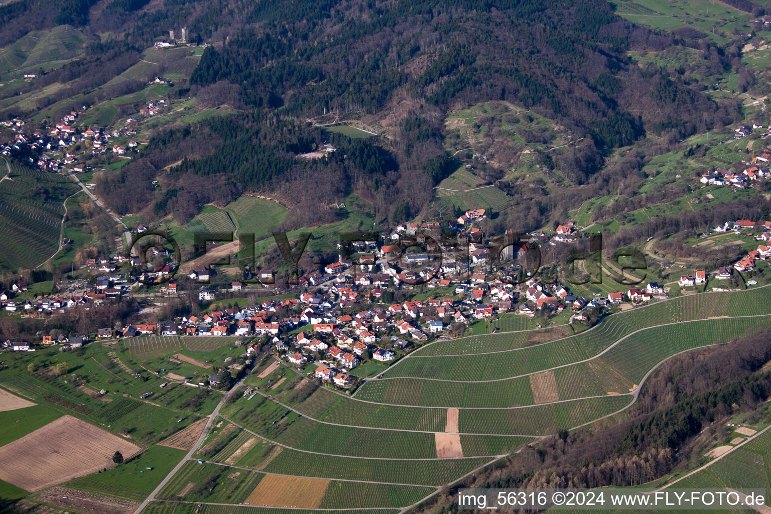 Luftbild von Dorf - Ansicht am Rande von Weinbergen im Ortsteil Neusatz in Bühl im Bundesland Baden-Württemberg, Deutschland