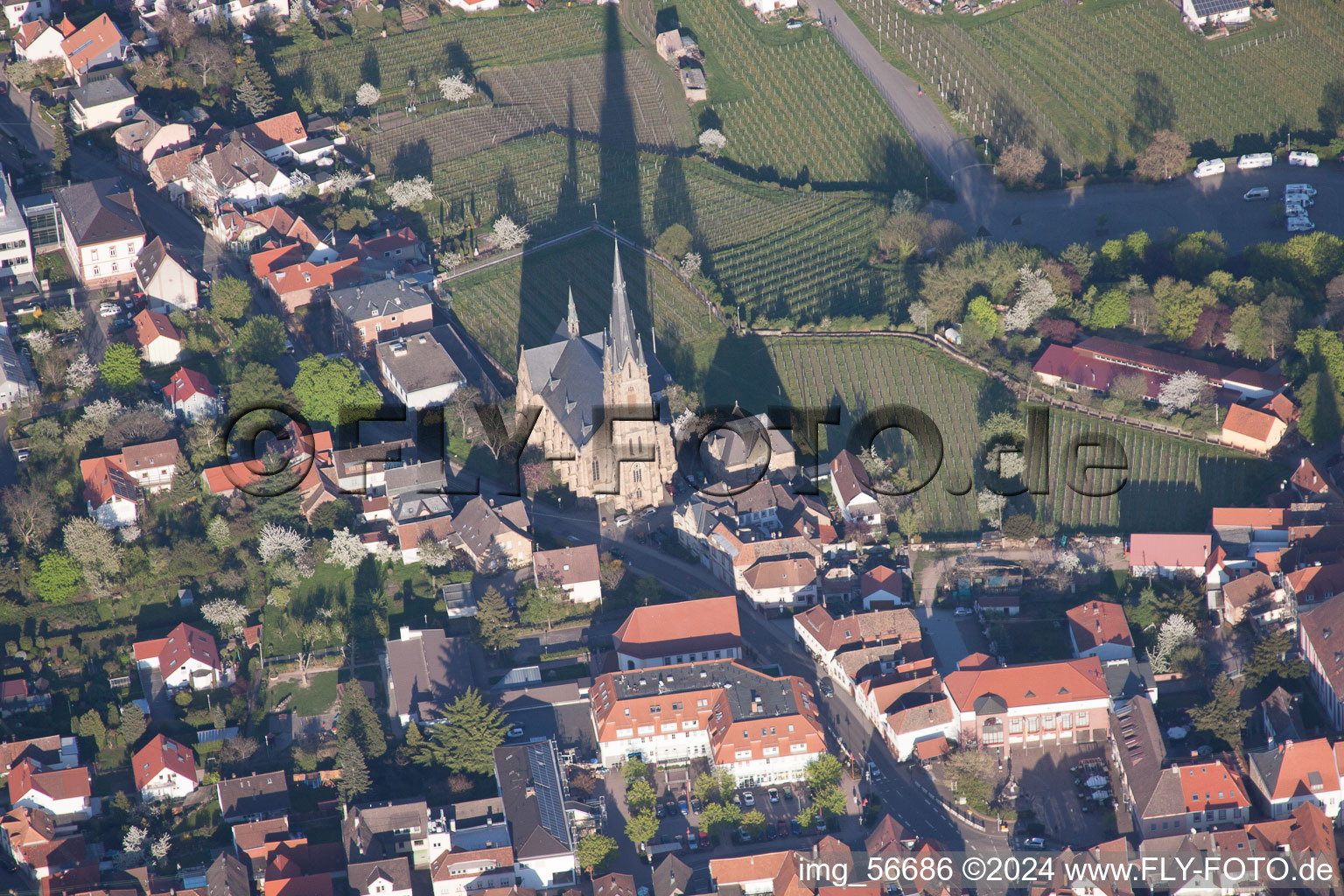 Luftbild von Kirchengebäude St. Ludwig im Altstadt- Zentrum der Innenstadt in Edenkoben im Bundesland Rheinland-Pfalz, Deutschland