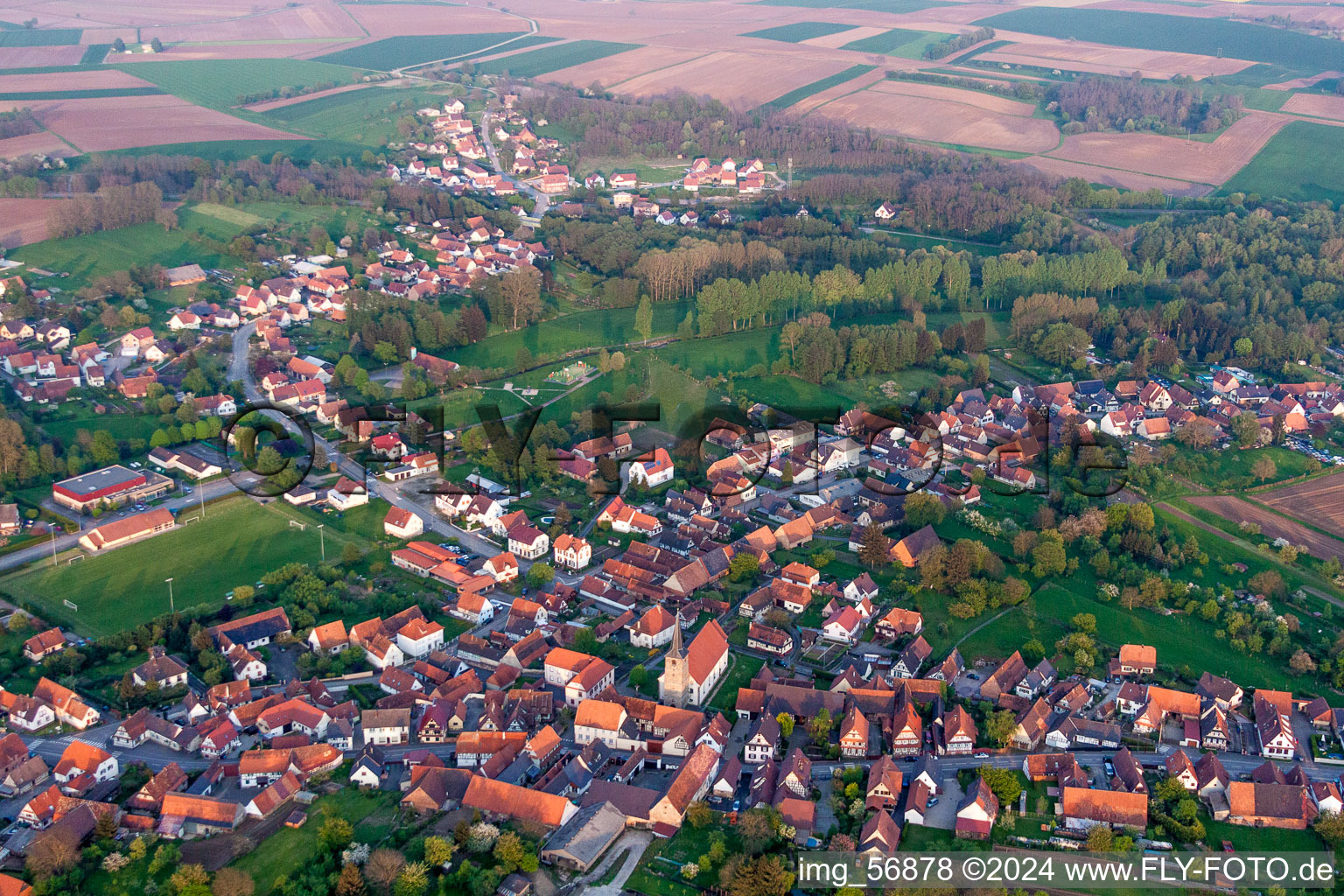 Dorf - Ansicht am Rande von landwirtschaftlichen Feldern und Nutzflächen in Riedseltz in Grand Est im Bundesland Bas-Rhin, Frankreich aus der Luft