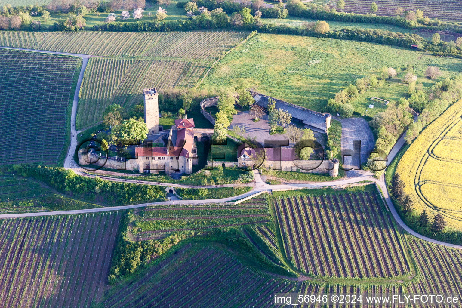 Burganlage der Veste Ravensburg mit Burgrestaurant auf einem Hügel mit Weingärten in Sulzfeld im Bundesland Baden-Württemberg, Deutschland aus der Luft
