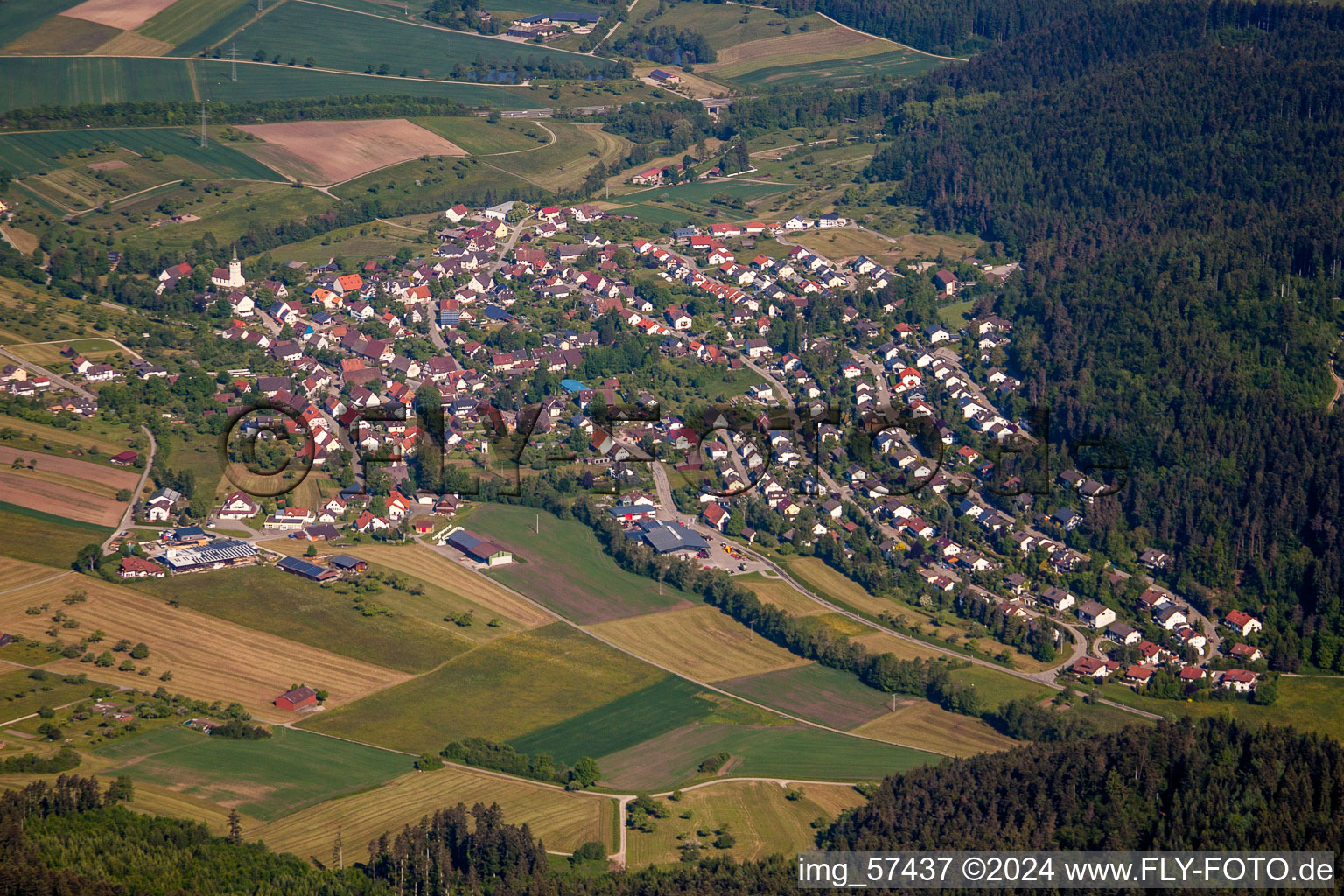 Luftbild von Dorf - Ansicht am Rande von landwirtschaftlichen Feldern und Nutzflächen in Trichtingen im Bundesland Baden-Württemberg, Deutschland