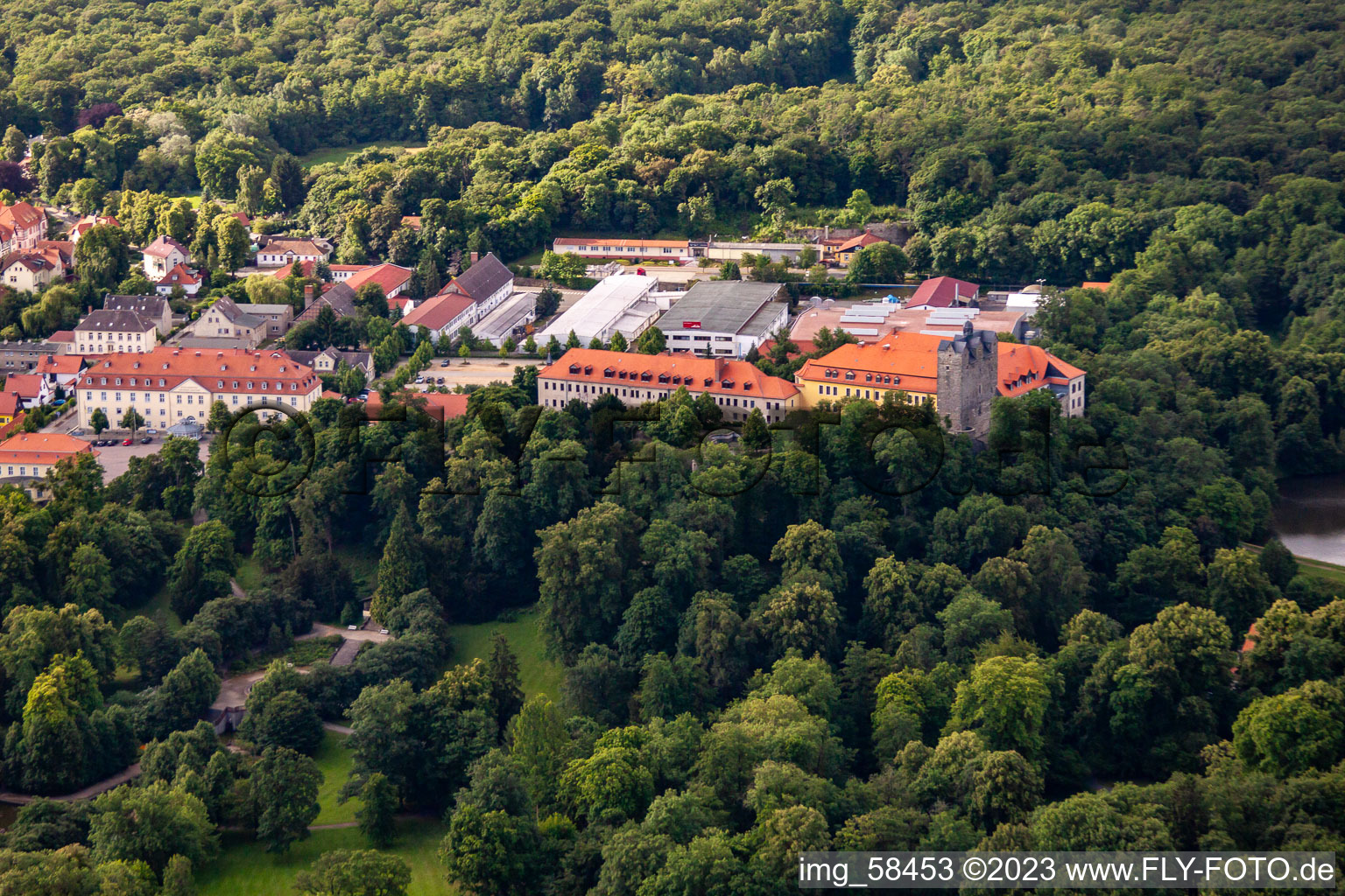 Luftbild von Schloss und Schlosspark mit Schlossteich Ballenstedt von Norden im Bundesland Sachsen-Anhalt, Deutschland