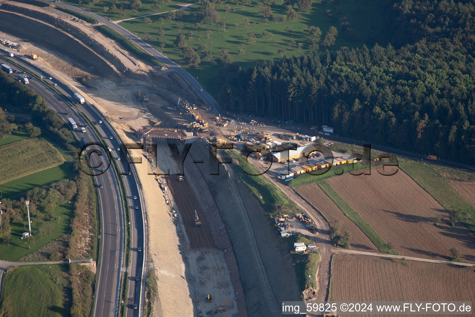 Luftbild von Mutschelbach, Baustelle A8 im Ortsteil Untermutschelbach in Karlsbad im Bundesland Baden-Württemberg, Deutschland