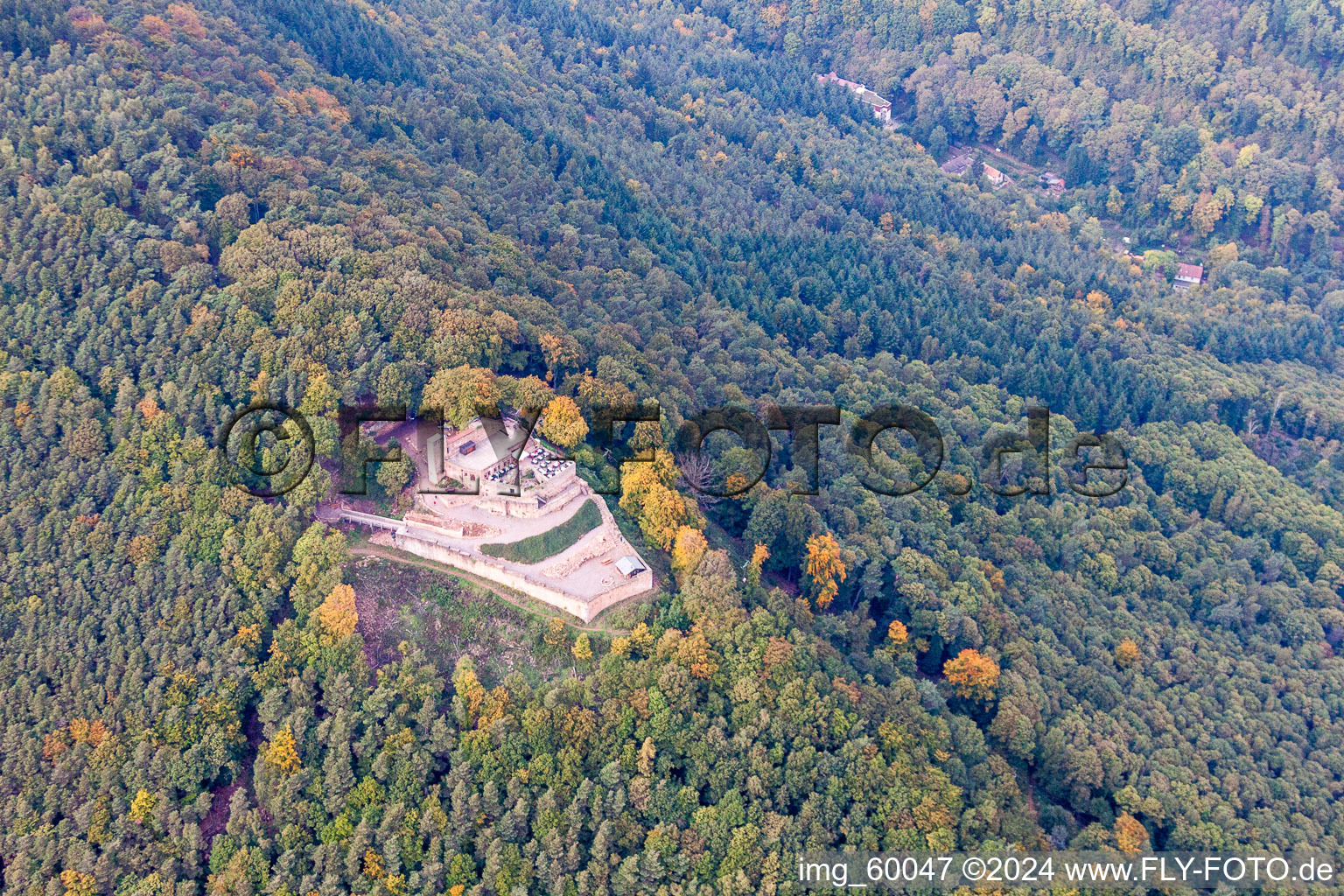 Luftbild von Ruine und Mauerreste der ehemaligen Burganlage Burgruine Rietburg in Rhodt unter Rietburg im Bundesland Rheinland-Pfalz, Deutschland