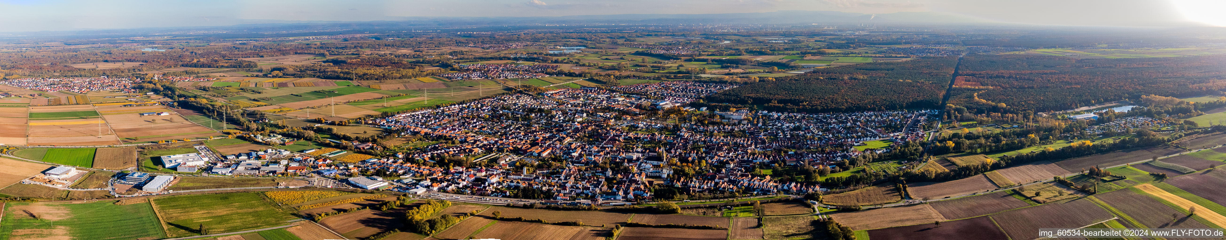 Panorama Perspektive Ortsansicht der Straßen und Häuser der Wohngebiete in Rülzheim im Bundesland Rheinland-Pfalz, Deutschland