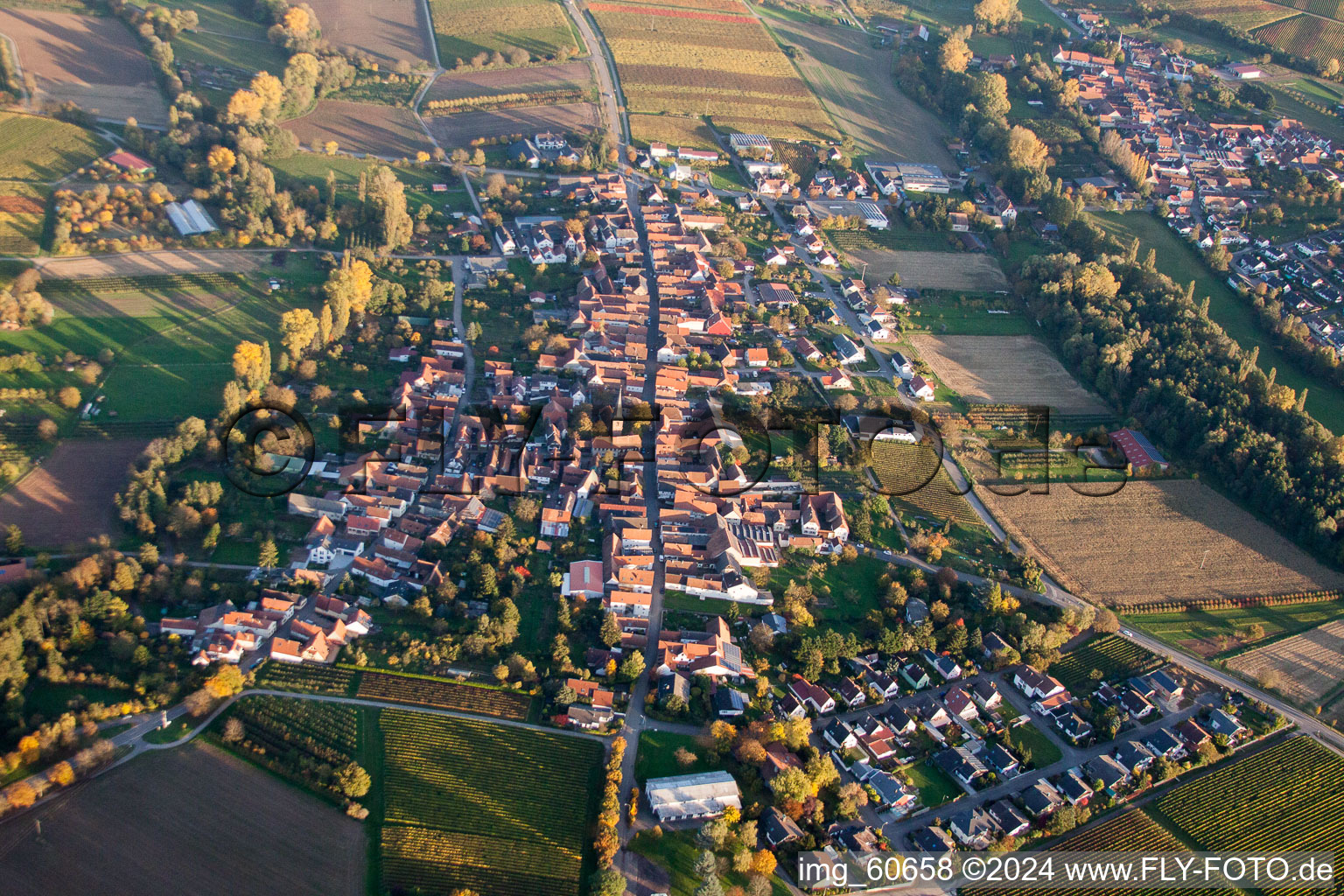 Luftbild von Dorf - Ansicht am Rande von landwirtschaftlichen Feldern und Nutzflächen im Ortsteil Heuchelheim in Heuchelheim-Klingen im Bundesland Rheinland-Pfalz, Deutschland