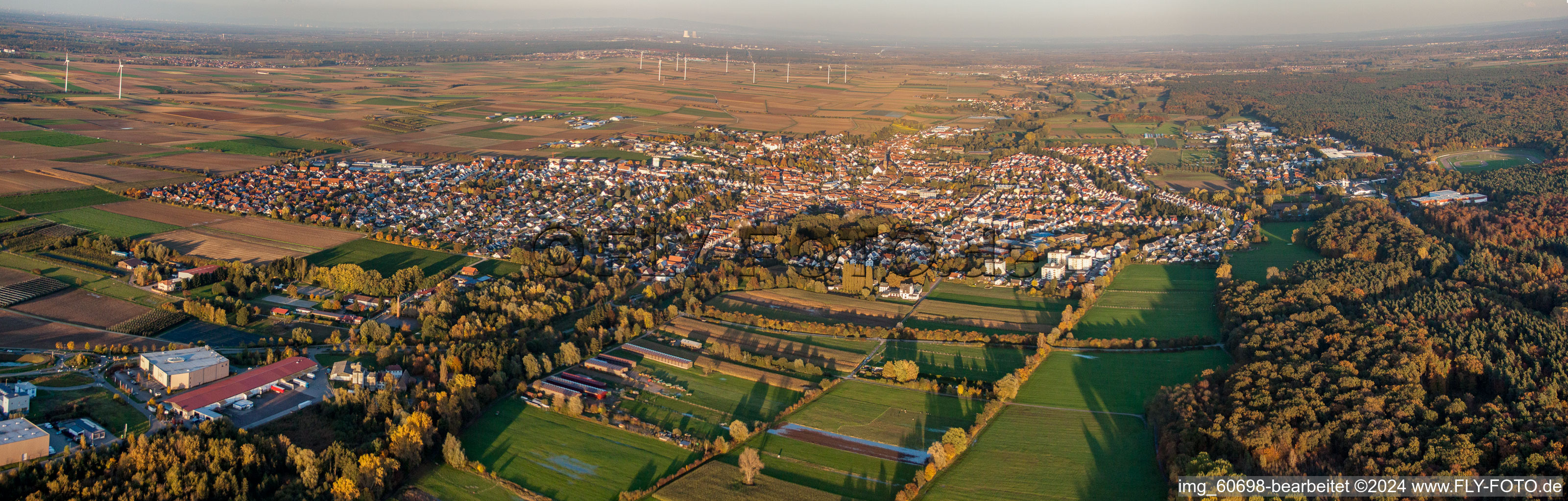 Panorama Perspektive Ortsansicht der Straßen und Häuser der Wohngebiete in Herxheim bei Landau (Pfalz) in Herxheim bei Landau/Pfalz im Bundesland Rheinland-Pfalz, Deutschland von oben