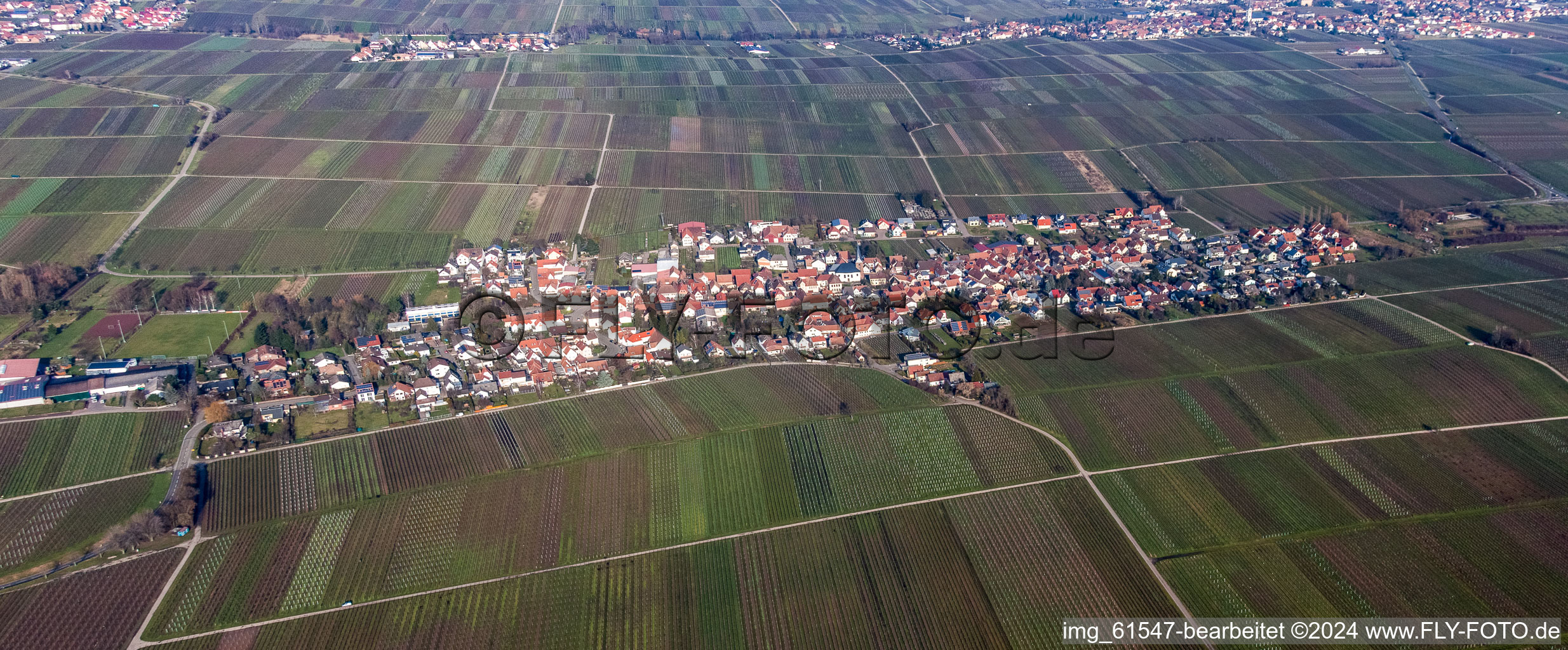 Luftbild von Dorf - Ansicht am Rande von landwirtschaftlichen Feldern und Nutzflächen in Roschbach im Bundesland Rheinland-Pfalz, Deutschland