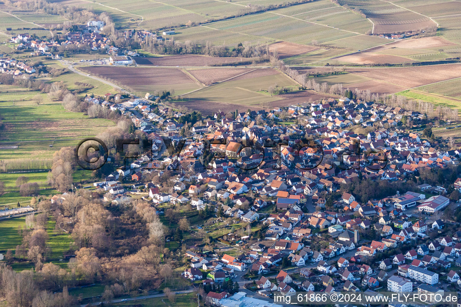 Ortsansicht der Straßen und Häuser der Wohngebiete im Ortsteil Ingenheim in Billigheim-Ingenheim im Bundesland Rheinland-Pfalz, Deutschland vom Flugzeug aus