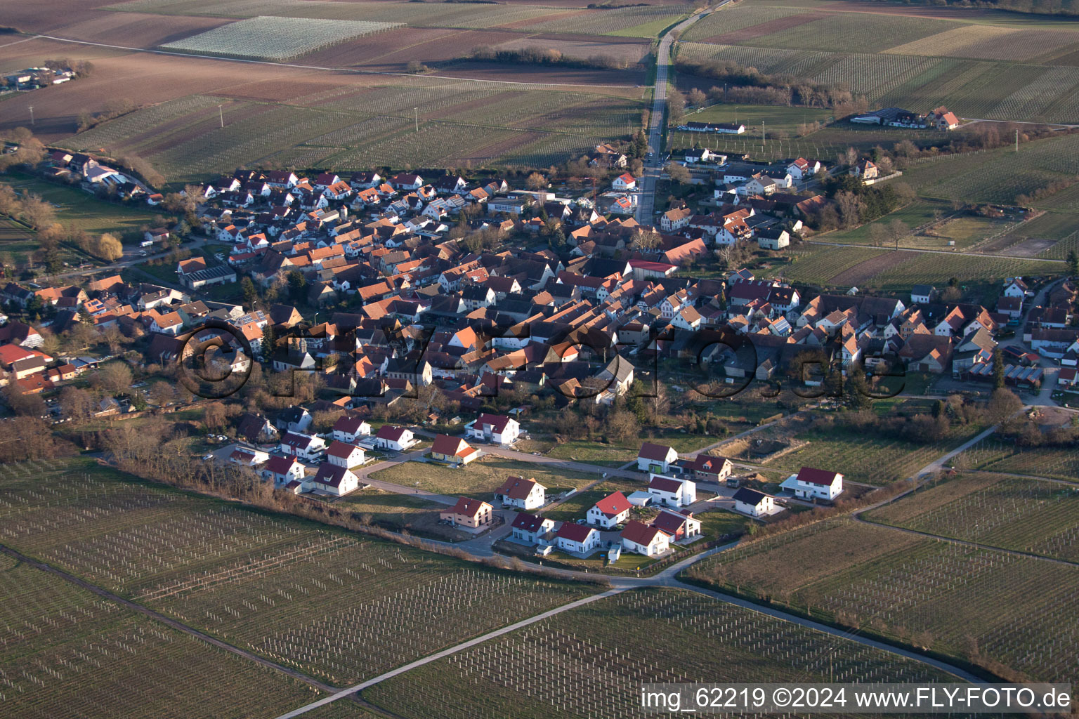 Dorf - Ansicht am Rande von landwirtschaftlichen Feldern und Nutzflächen in Impflingen im Bundesland Rheinland-Pfalz, Deutschland aus der Luft
