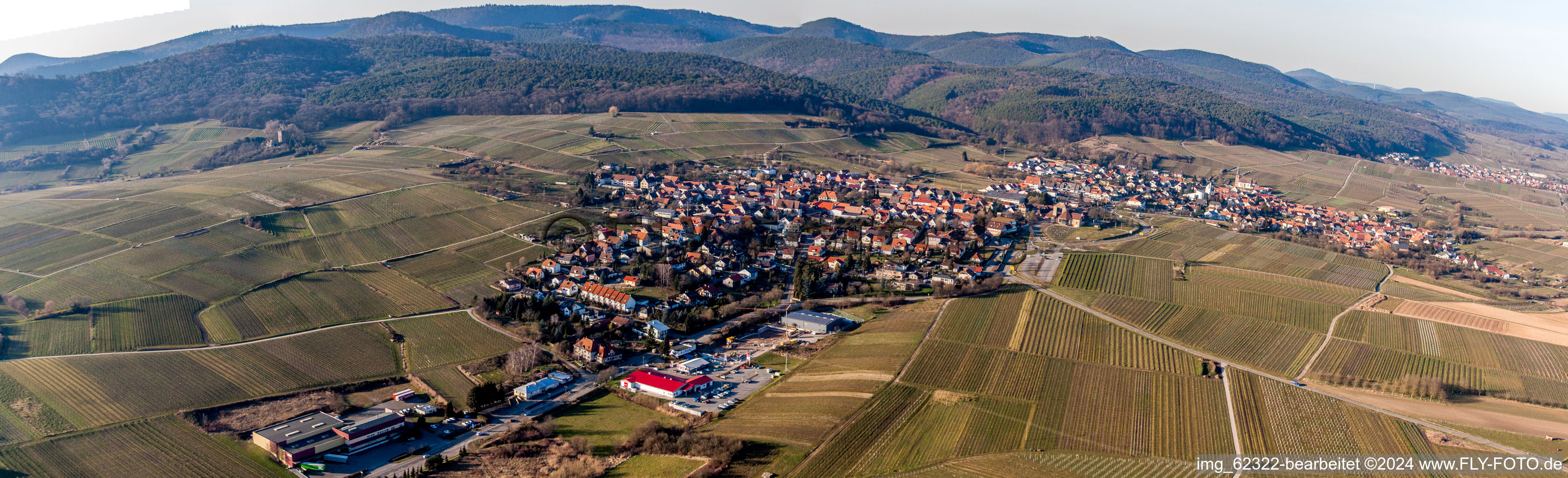 Schrägluftbild von Dorf - Ansicht am Rande von Weinbergen in Schweigen in Schweigen-Rechtenbach im Bundesland Rheinland-Pfalz, Deutschland