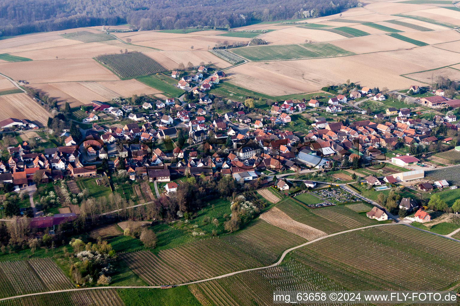Luftaufnahme von Dorf - Ansicht am Rande von landwirtschaftlichen Feldern und Nutzflächen in Steinseltz in Grand Est im Bundesland Bas-Rhin, Frankreich
