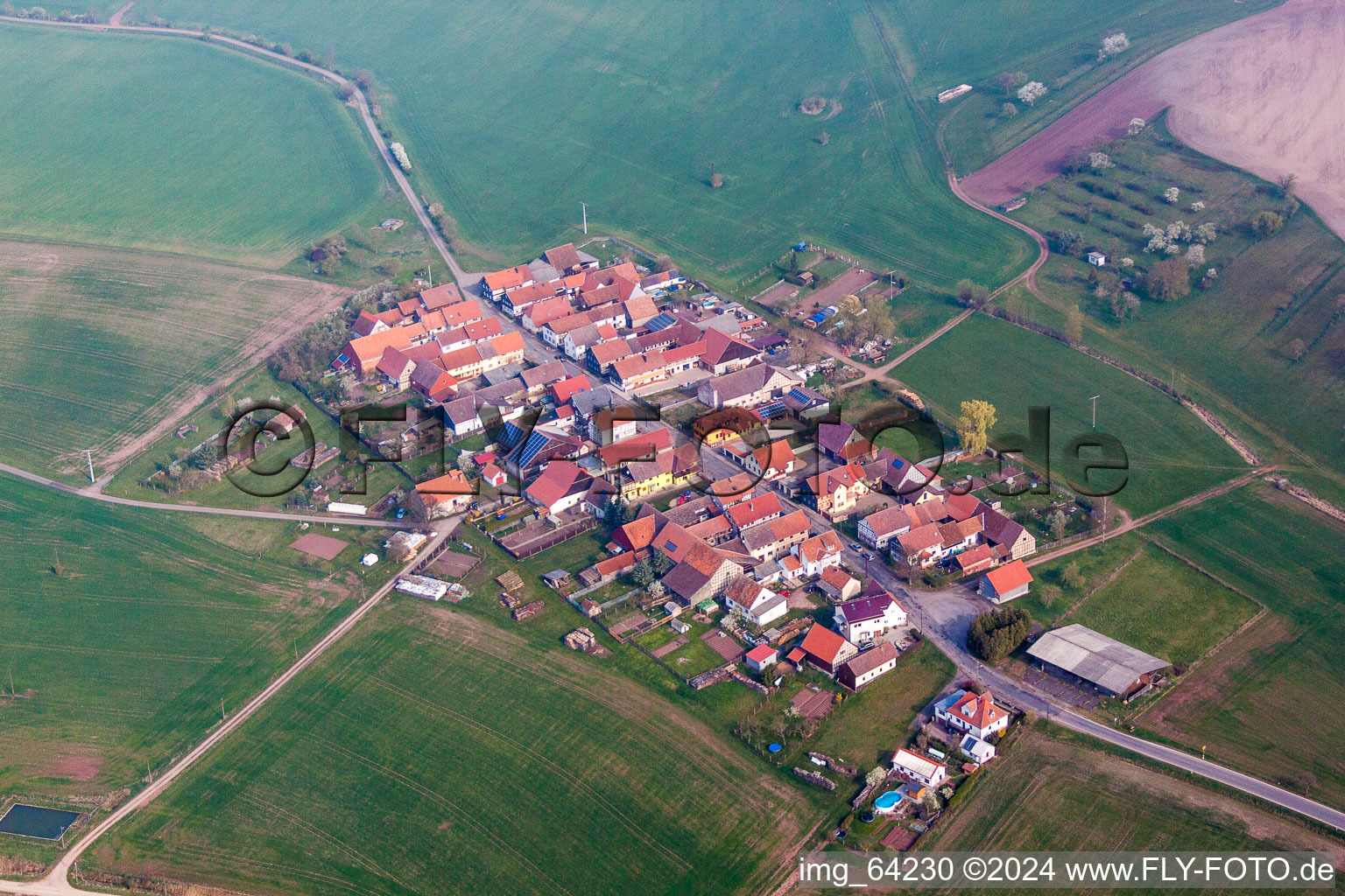 Dorf - Ansicht am Rande von landwirtschaftlichen Feldern und Nutzflächen im Ortsteil Albingshausen in Hellingen im Bundesland Thüringen, Deutschland