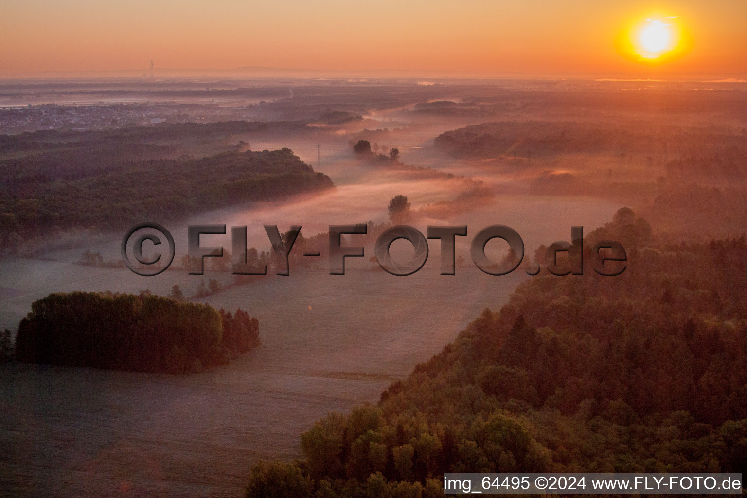 Schrägluftbild von Morgennebel beim Sonnenaufgang über Grasflächen- Strukturen einer Feld- und Wiesen- Landschaft Otterbachtal in Minfeld im Bundesland Rheinland-Pfalz, Deutschland
