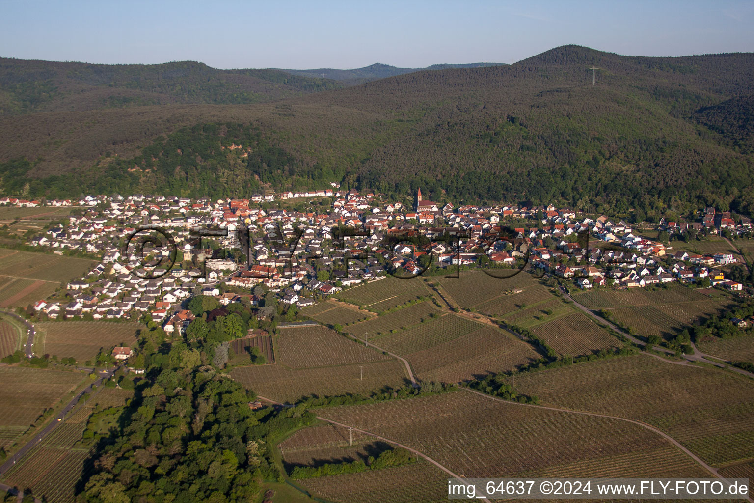 Luftaufnahme von Dorf - Ansicht am Rande von Weinbergen am Haardtrand des Pfälzerwaldes von Ortsteil Königsbach in Neustadt an der Weinstraße im Bundesland Rheinland-Pfalz, Deutschland
