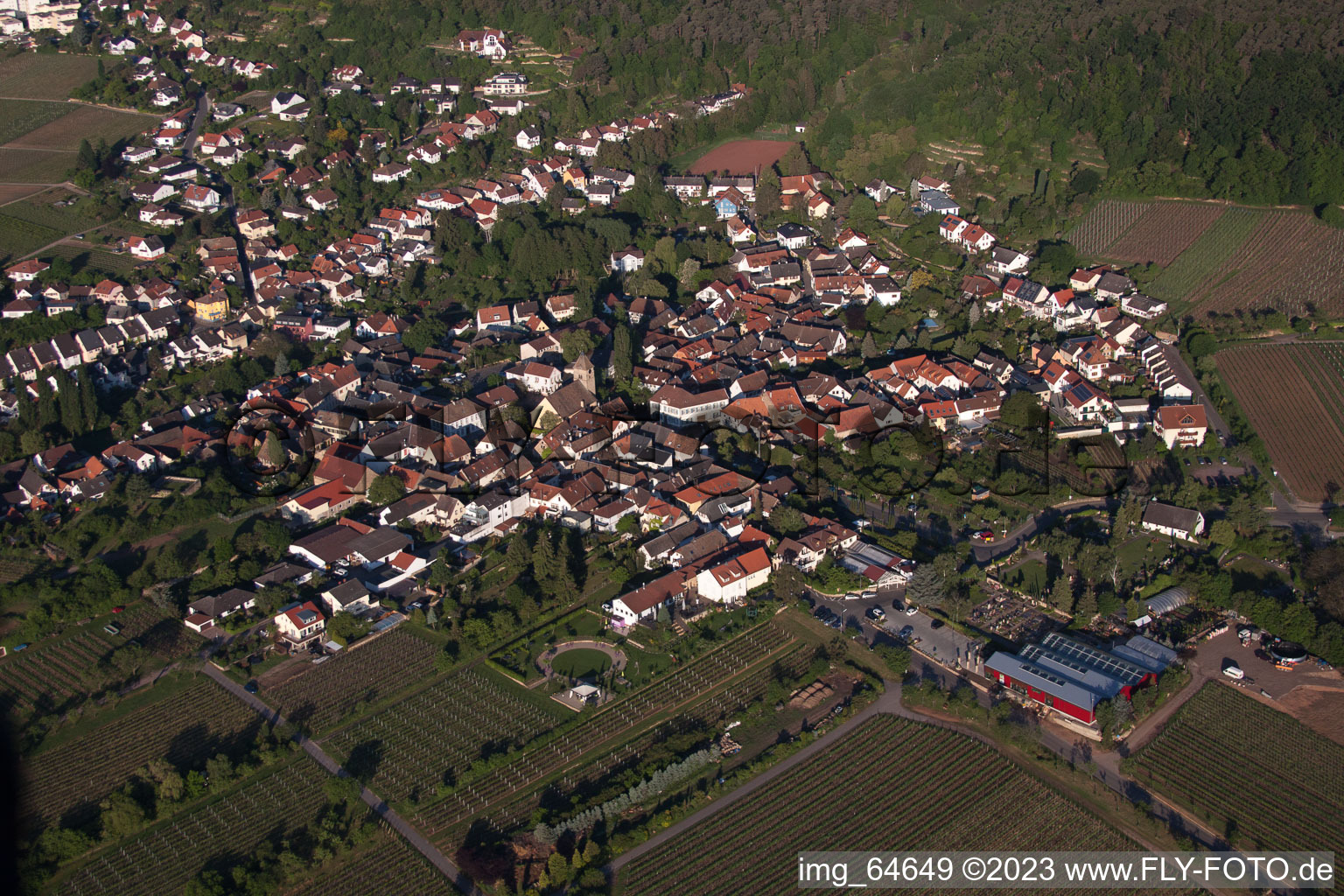 Ortsteil Gimmeldingen in Neustadt an der Weinstraße im Bundesland Rheinland-Pfalz, Deutschland aus der Luft