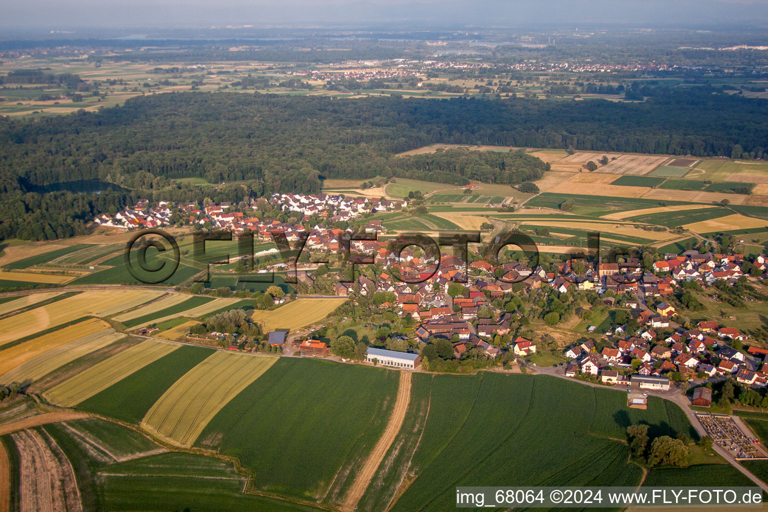 Dorf - Ansicht am Rande von landwirtschaftlichen Feldern und Nutzflächen im Ortsteil Hesselhurst in Willstätt im Bundesland Baden-Württemberg, Deutschland
