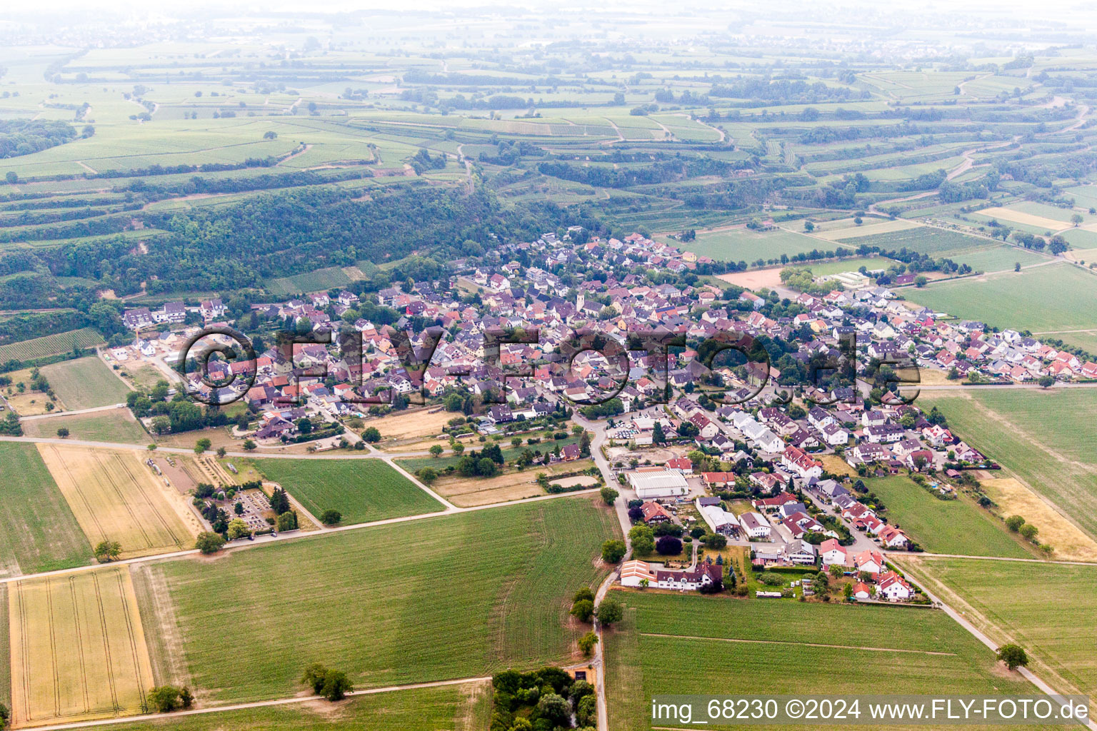Dorf - Ansicht am Rande von landwirtschaftlichen Feldern und Nutzflächen im Ortsteil Niederrimsingen in Breisach am Rhein im Bundesland Baden-Württemberg, Deutschland