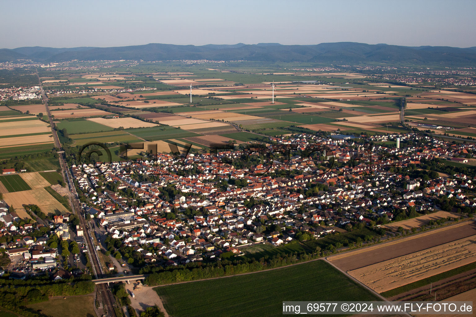 Schrägluftbild von Ortsansicht der Straßen und Häuser der Wohngebiete in Böhl-Iggelheim im Bundesland Rheinland-Pfalz, Deutschland