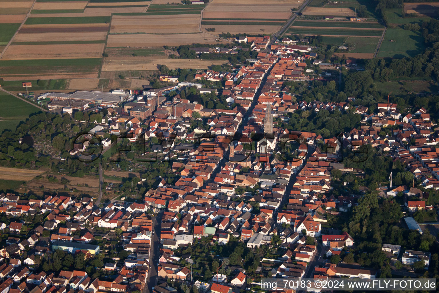 Ortsansicht der Straßen und Häuser der Wohngebiete in Bellheim im Bundesland Rheinland-Pfalz, Deutschland von oben