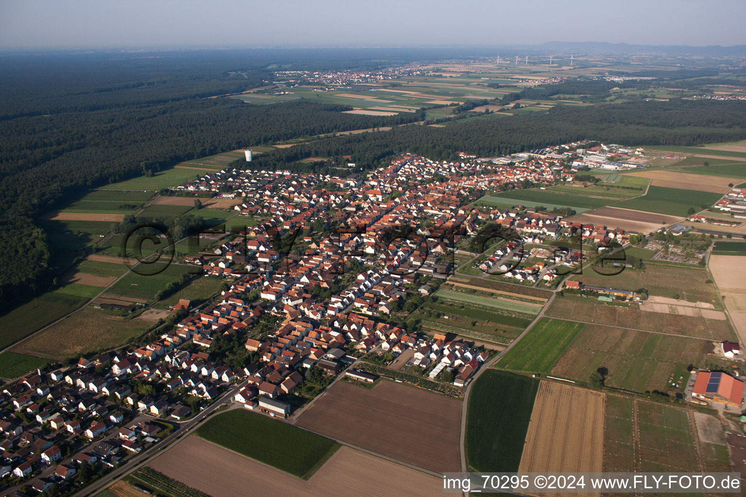 Luftbild von Dorf - Ansicht am Rande von landwirtschaftlichen Feldern und Nutzflächen in Hatzenbühl im Bundesland Rheinland-Pfalz, Deutschland