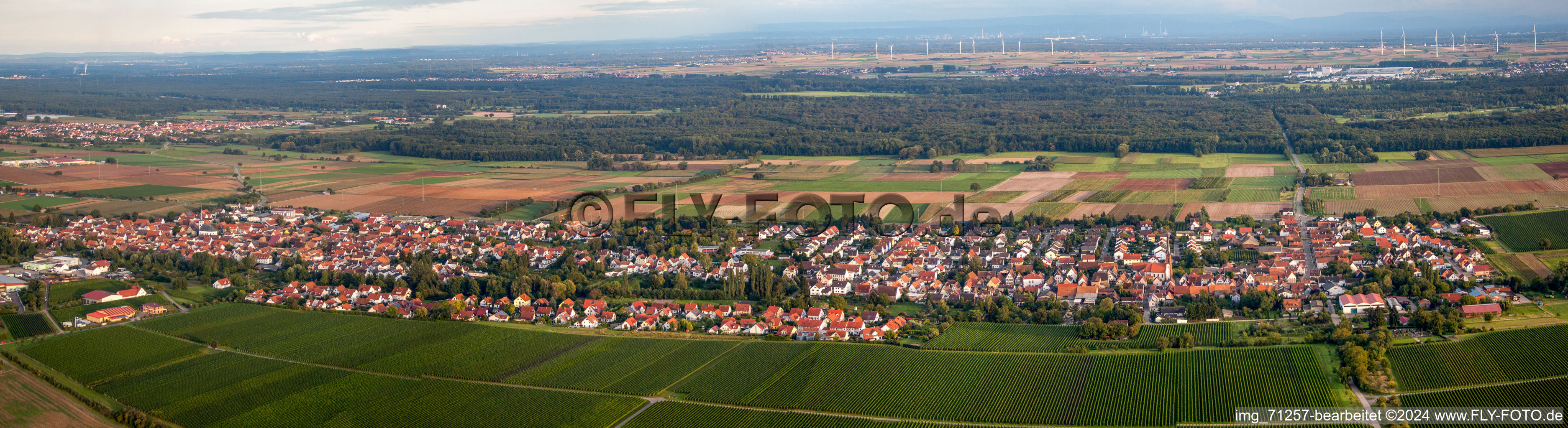 Luftbild von Panorama Perspektive Dorf - Ansicht am Rande von landwirtschaftlichen Feldern und Nutzflächen in Hochstadt (Pfalz) im Bundesland Rheinland-Pfalz, Deutschland