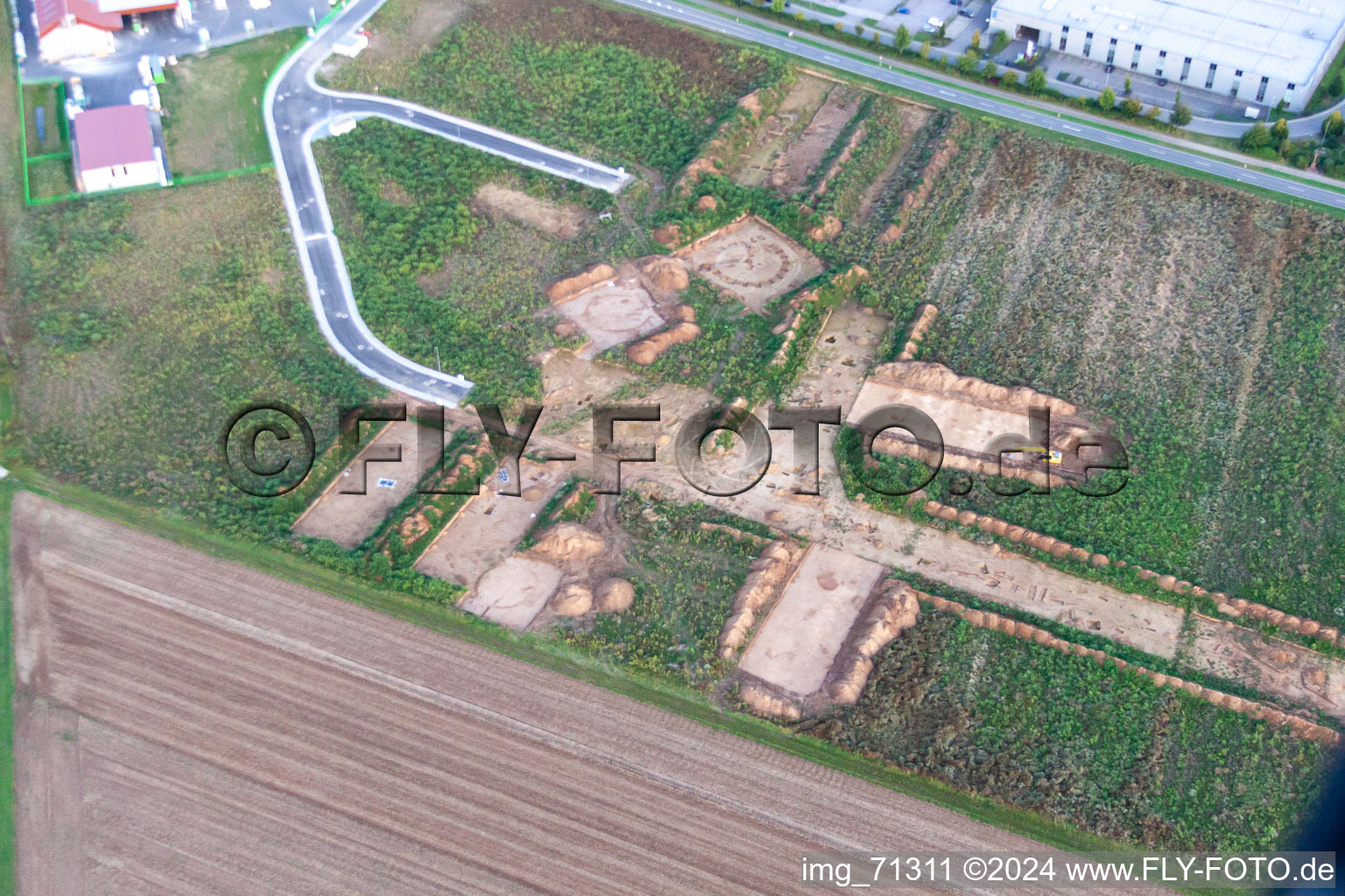 Luftbild von Herxheim, Archäologische Grabung am neuen Gewerbegebiet NW in Herxheim bei Landau im Bundesland Rheinland-Pfalz, Deutschland