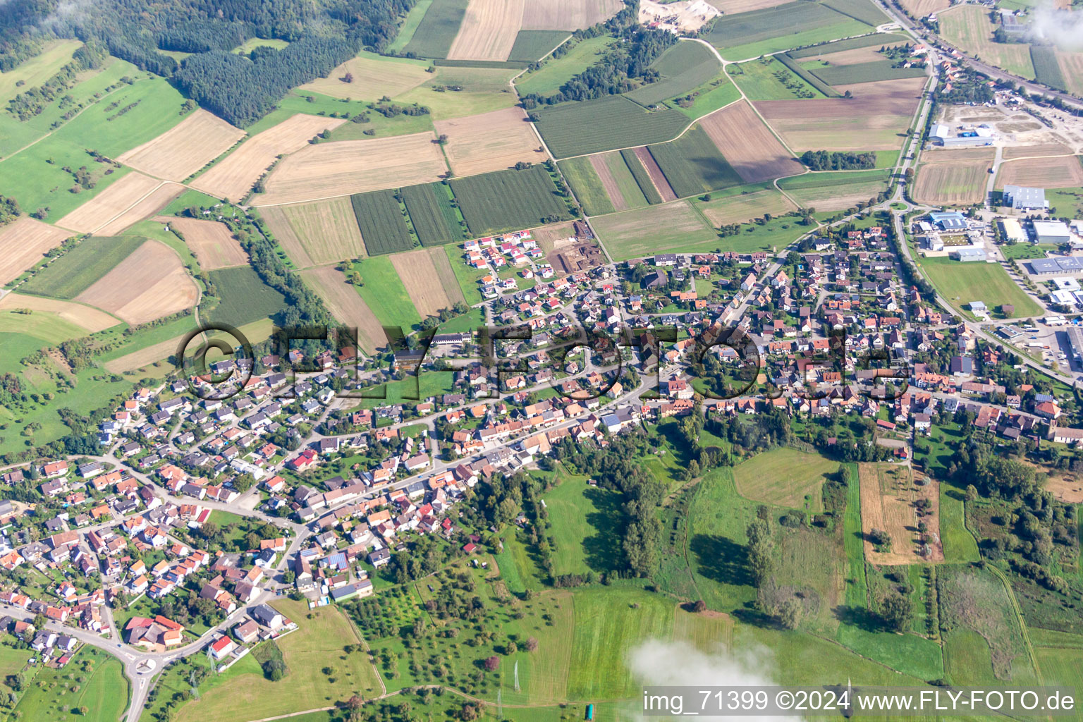 Dorf - Ansicht am Rande von landwirtschaftlichen Feldern und Nutzflächen im Ortsteil Welschingen in Engen im Bundesland Baden-Württemberg, Deutschland