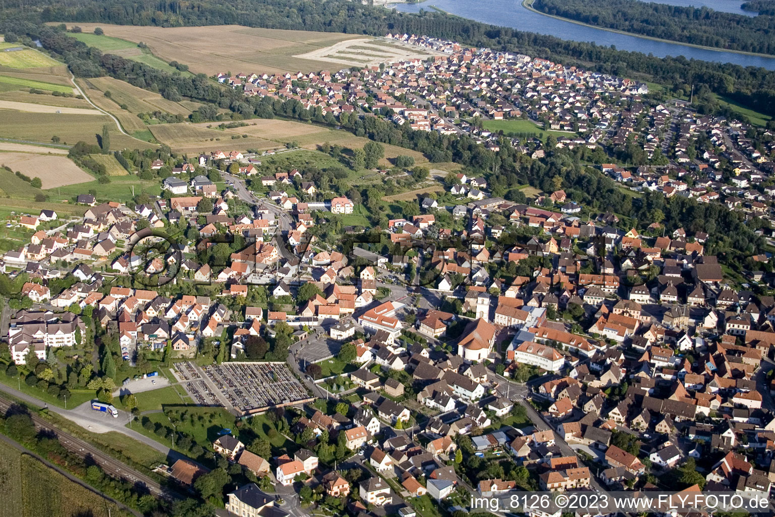 Drusenheim im Bundesland Bas-Rhin, Frankreich vom Flugzeug aus