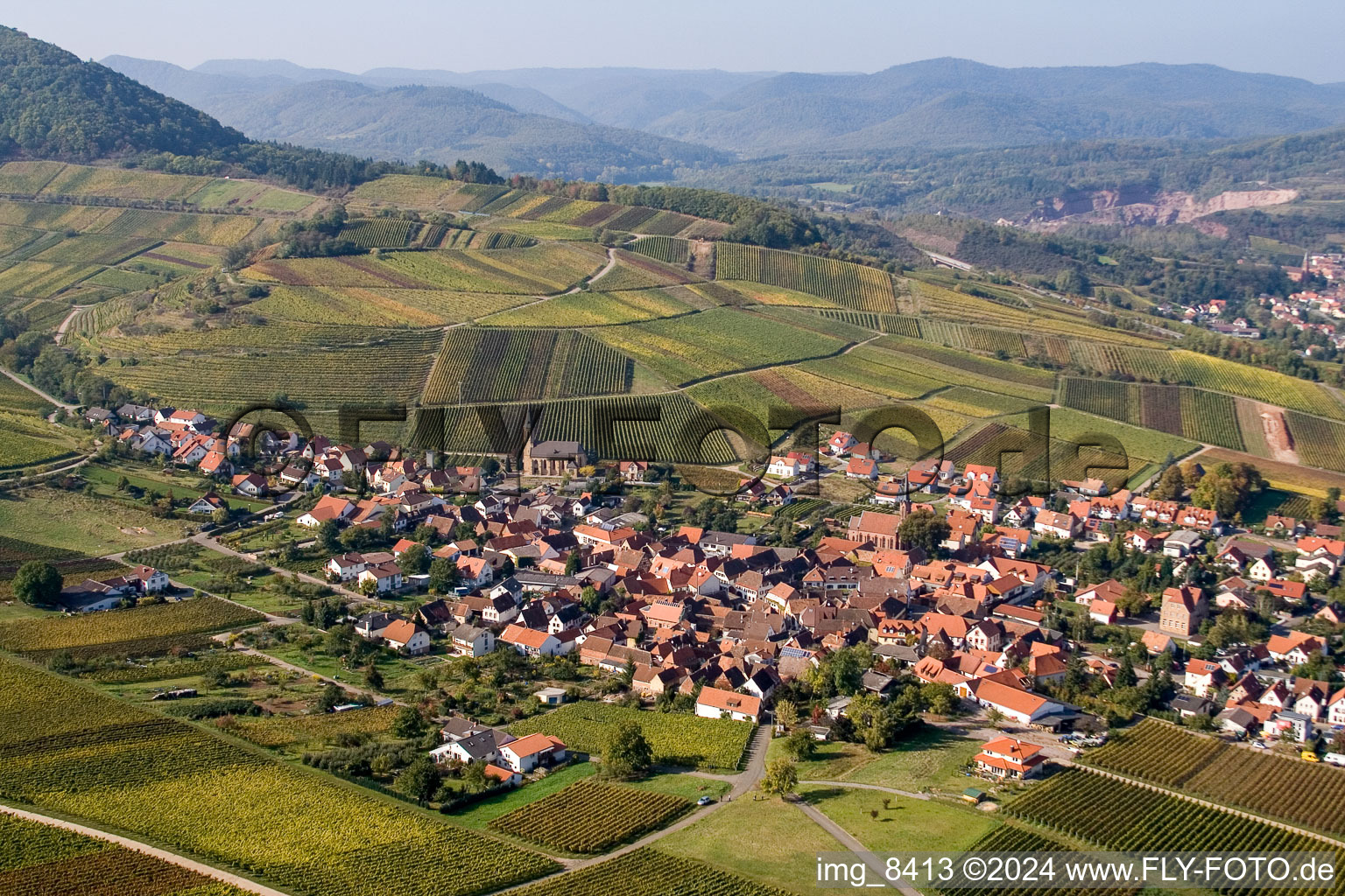 Drohnenbild von Dorf - Ansicht von Birkweiler im Bundesland Rheinland-Pfalz, Deutschland
