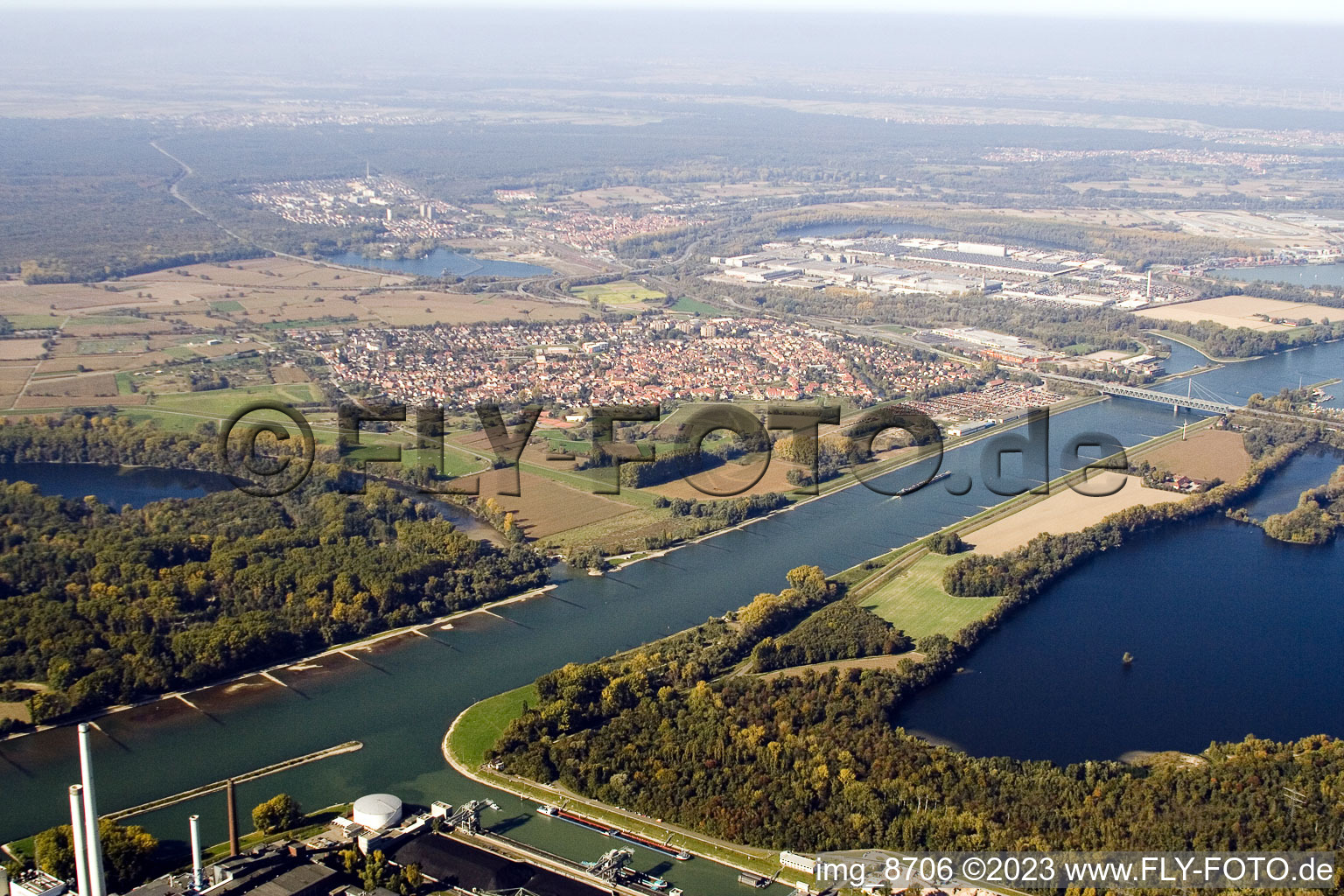 Ortsteil Maximiliansau in Wörth am Rhein im Bundesland Rheinland-Pfalz, Deutschland vom Flugzeug aus