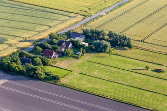 Ehemalige Deichwärterhöfe an der Schülpersieler Straße in Wesselburenerkoog im Bundesland Schleswig-Holstein, Deutschland von oben