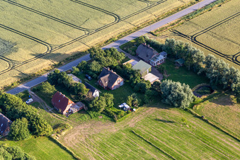 Ehemalige Deichwärterhöfe an der Schülpersieler Straße in Wesselburenerkoog im Bundesland Schleswig-Holstein, Deutschland aus der Luft